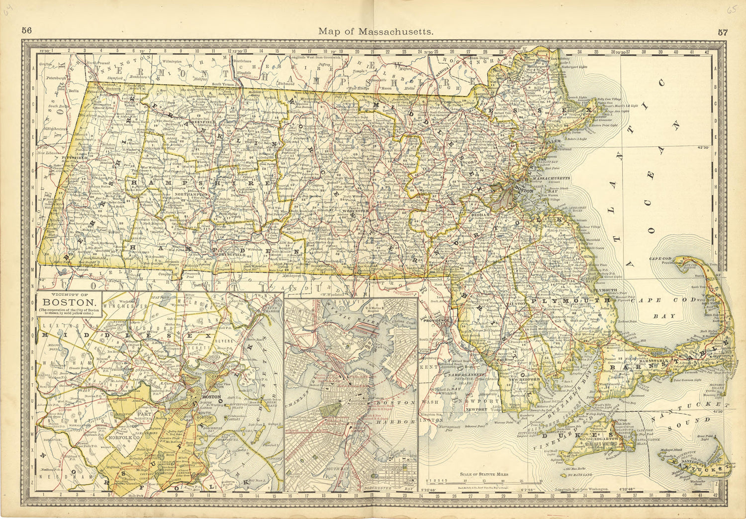 Map of Massachusetts from Historical Hand-atlas, Illustrated, Containing Large Scale Copper Plate Maps of Each State and Territory of the United States, and the Provinces of Canada, Together With a Complete Reference Map of the World, … 1881 by Relic Map Company