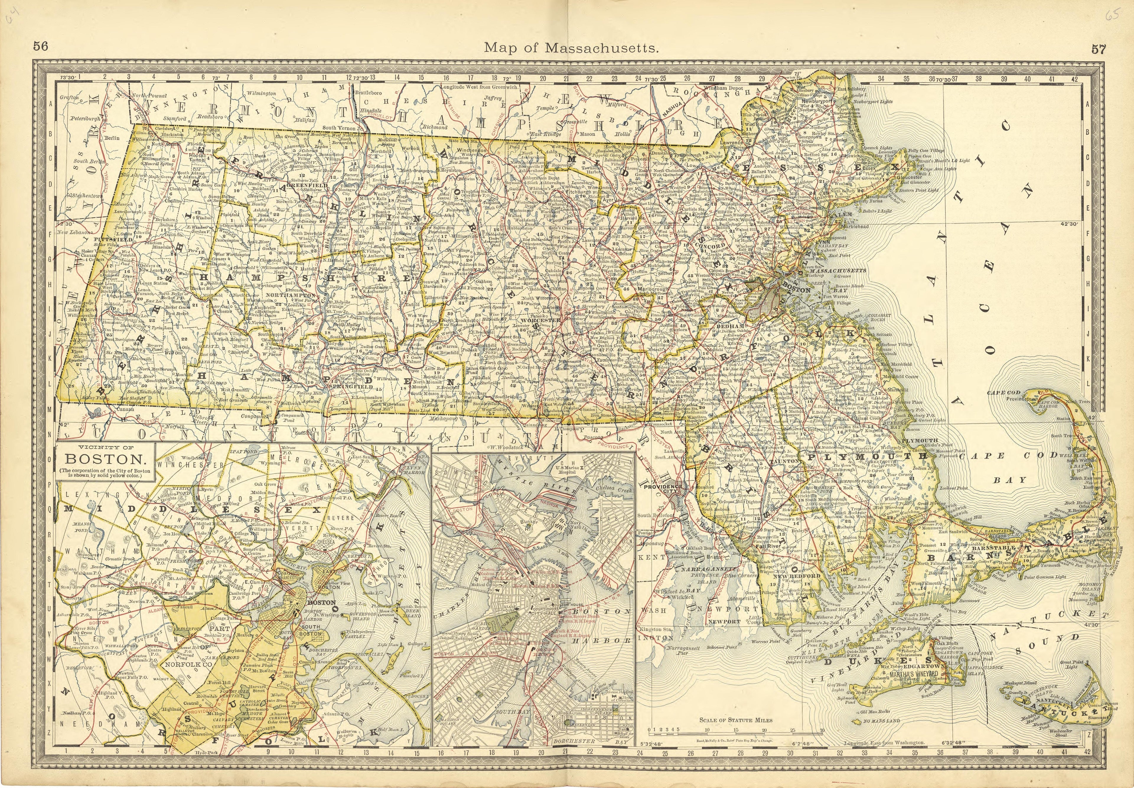 Map of Massachusetts from Historical Hand-atlas, Illustrated, Containing Large Scale Copper Plate Maps of Each State and Territory of the United States, and the Provinces of Canada, Together With a Complete Reference Map of the World, … 1881 by Relic Map Company