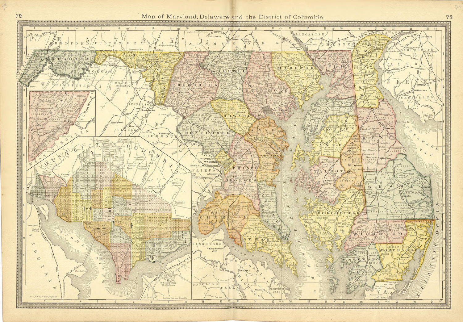 Map of Marlyland, Delaware and the District of Columbia from Historical Hand-atlas, Illustrated, Containing Large Scale Copper Plate Maps of Each State and Territory of the United States, and the Provinces of Canada, Together With a Complete Reference... by Relic Map Company