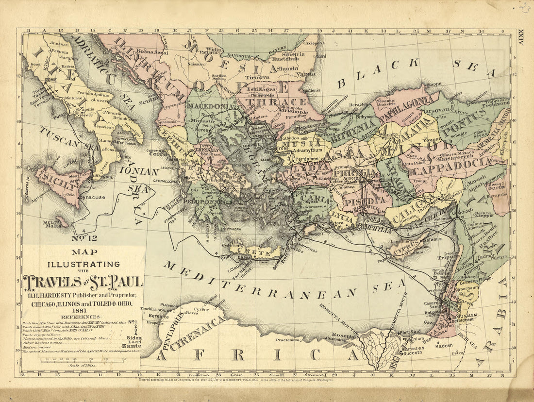 No. 12 Map Illustrating the Travels of St. Paul from Historical Hand-atlas, Illustrated, Containing Large Scale Copper Plate Maps of Each State and Territory of the United States, and the Provinces of Canada, Together With a Complete Reference Map of ... by Relic Map Company