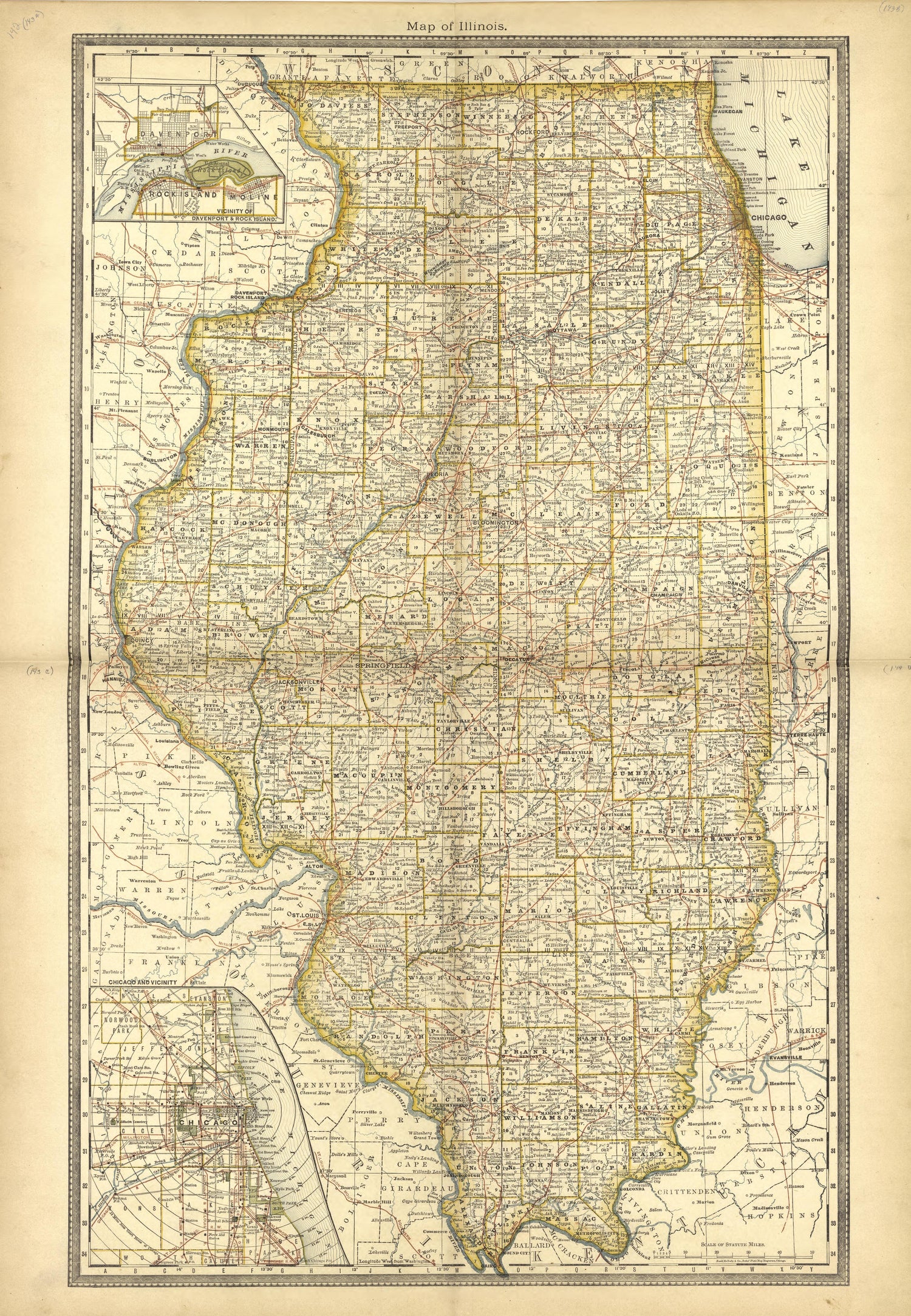 Map of Illinois from Historical Hand-atlas, Illustrated, Containing Large Scale Copper Plate Maps of Each State and Territory of the United States, and the Provinces of Canada, Together With a Complete Reference Map of the World, … 1881 by Relic Map Company