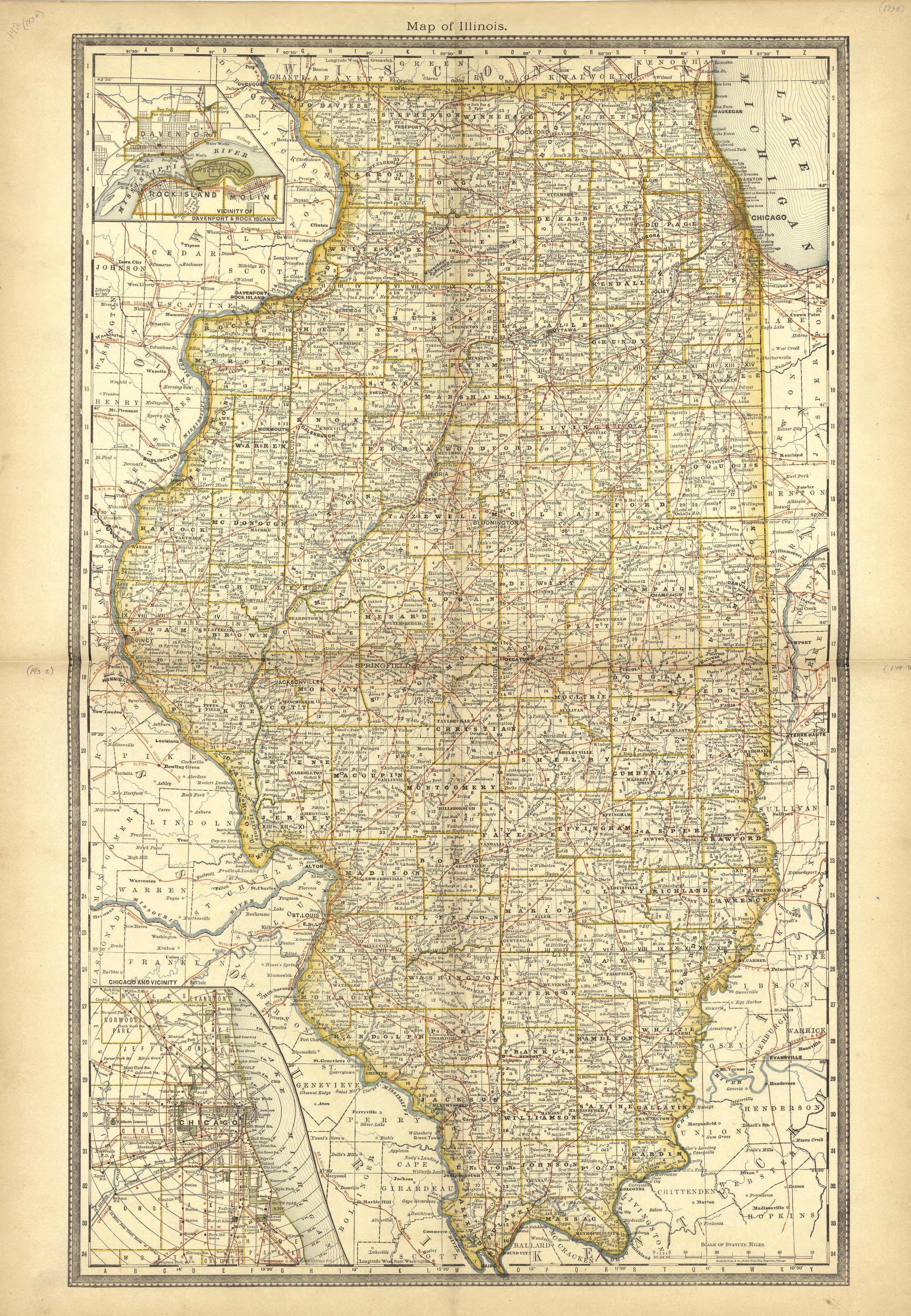 Map of Illinois from Historical Hand-atlas, Illustrated, Containing Large Scale Copper Plate Maps of Each State and Territory of the United States, and the Provinces of Canada, Together With a Complete Reference Map of the World, … 1881 by Relic Map Company