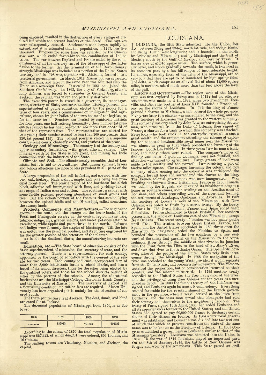 Mississippi - Continued, Louisiana from Historical Hand-atlas, Illustrated, Containing Large Scale Copper Plate Maps of Each State and Territory of the United States, and the Provinces of Canada, Together With a Complete Reference Map of the World, �... by Relic Map Company