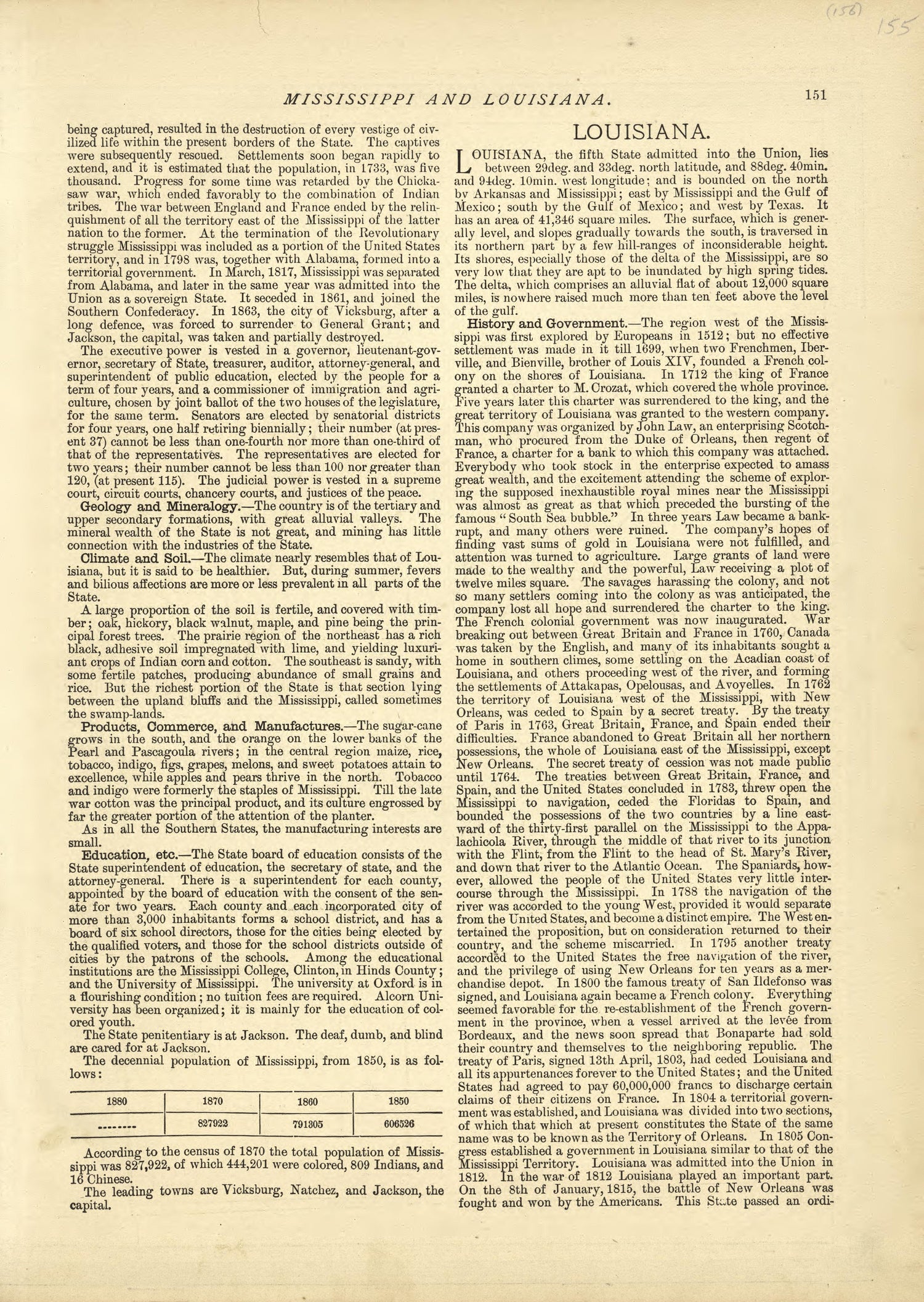 Mississippi - Continued, Louisiana from Historical Hand-atlas, Illustrated, Containing Large Scale Copper Plate Maps of Each State and Territory of the United States, and the Provinces of Canada, Together With a Complete Reference Map of the World, �... by Relic Map Company