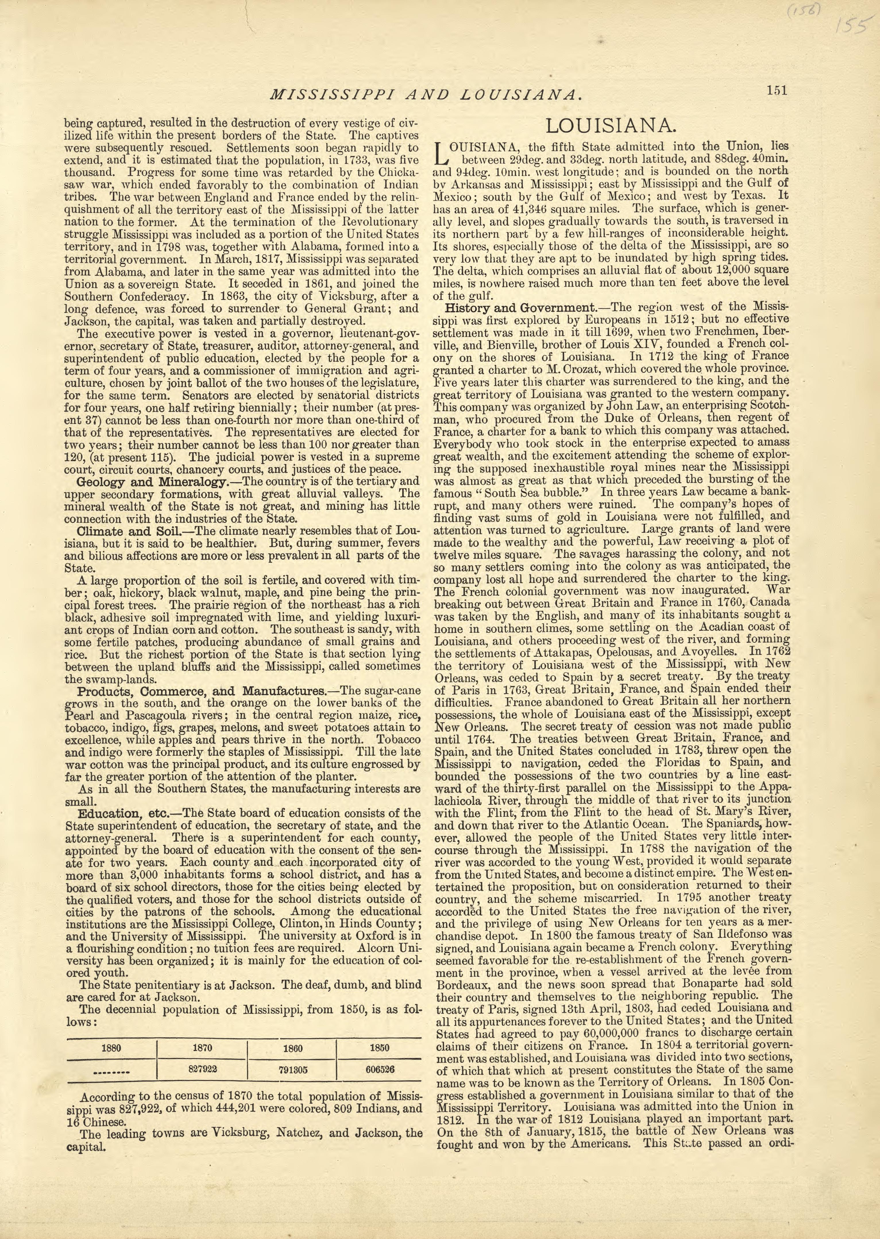 Mississippi - Continued, Louisiana from Historical Hand-atlas, Illustrated, Containing Large Scale Copper Plate Maps of Each State and Territory of the United States, and the Provinces of Canada, Together With a Complete Reference Map of the World, �... by Relic Map Company