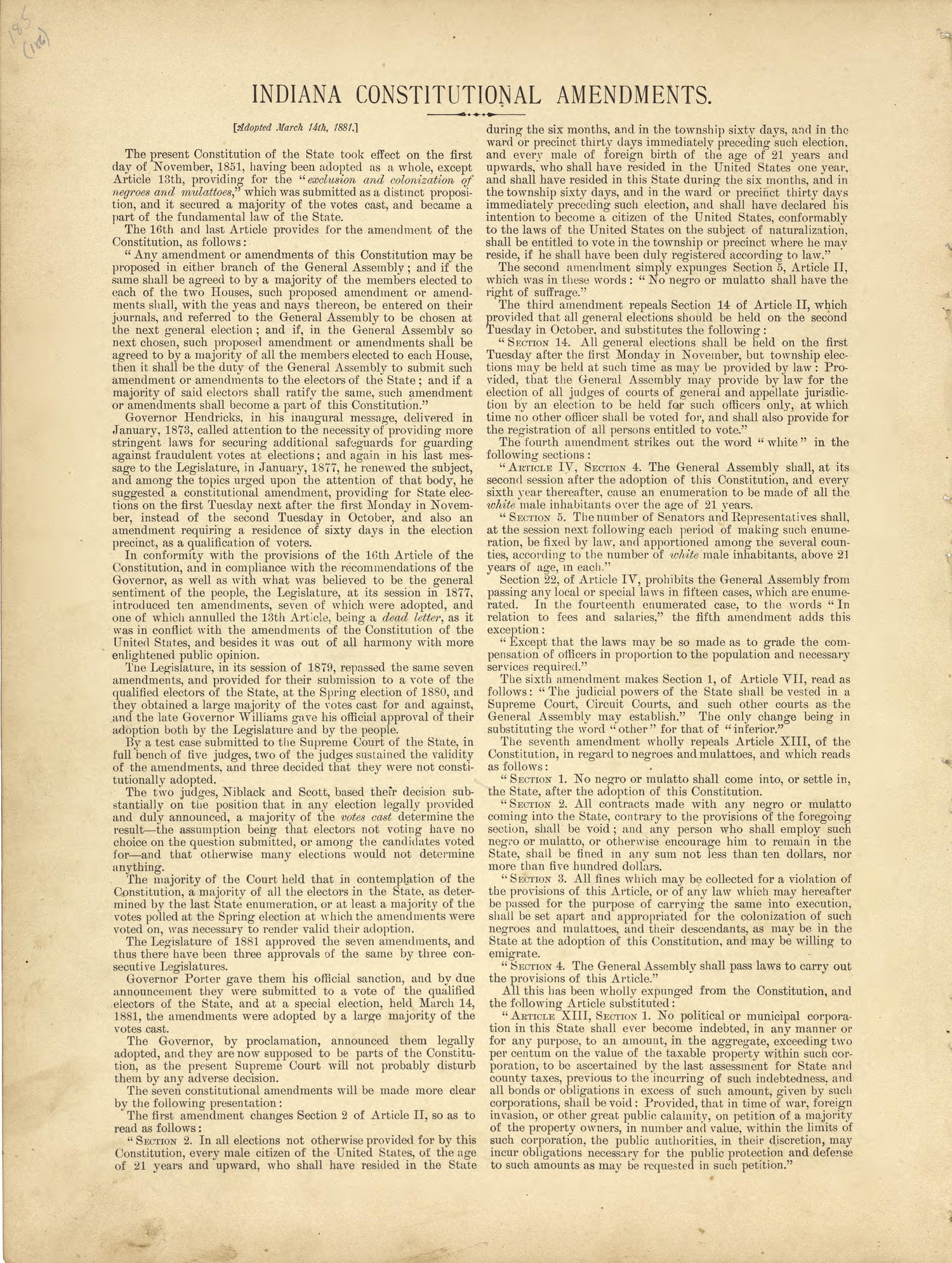 Indiana Constitutional Amendments from Historical Hand-atlas, Illustrated, Containing Large Scale Copper Plate Maps of Each State and Territory of the United States, and the Provinces of Canada, Together With a Complete Reference Map of the World, …... by Relic Map Company