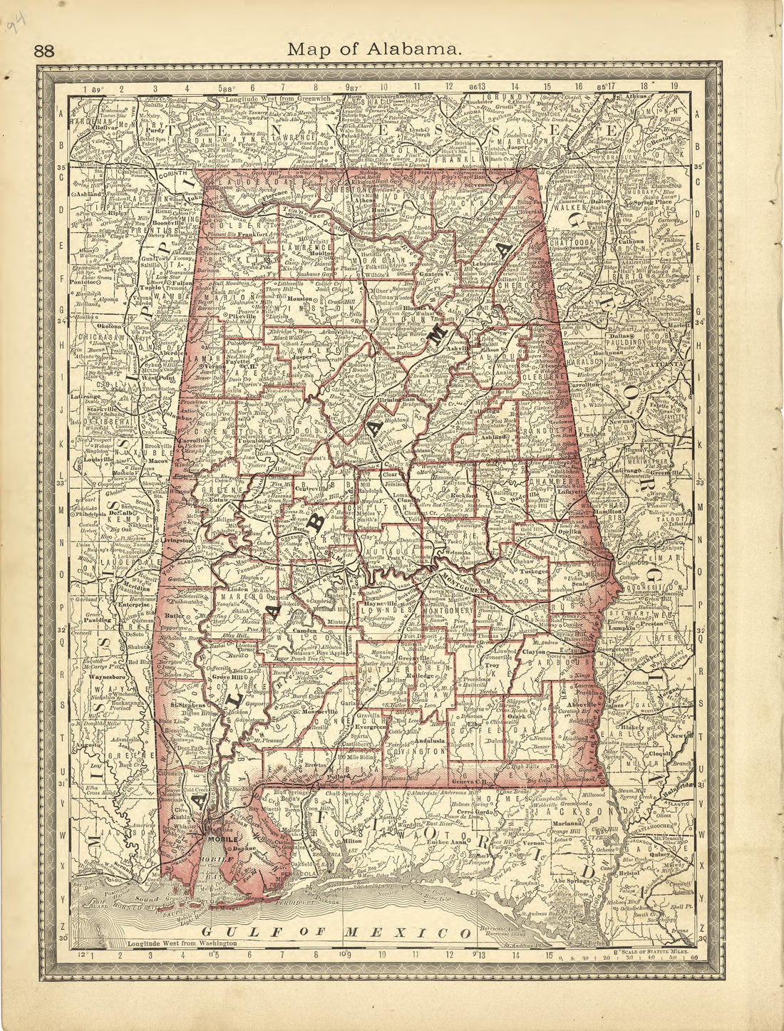 Map of Alabama from Historical Hand-atlas, Illustrated, Containing Large Scale Copper Plate Maps of Each State and Territory of the United States, and the Provinces of Canada, Together With a Complete Reference Map of the World, … 1881 by Relic Map Company
