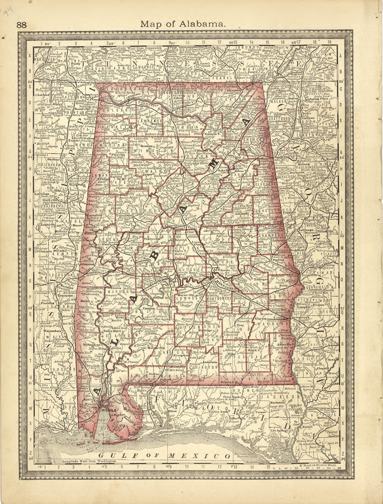 Map of Alabama from Historical Hand-atlas, Illustrated, Containing Large Scale Copper Plate Maps of Each State and Territory of the United States, and the Provinces of Canada, Together With a Complete Reference Map of the World, … 1881 by Relic Map Company