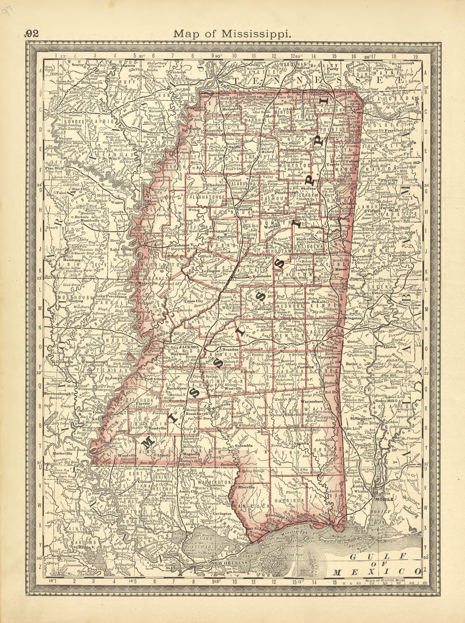Map of Mississippi from Historical Hand-atlas, Illustrated, Containing Large Scale Copper Plate Maps of Each State and Territory of the United States, and the Provinces of Canada, Together With a Complete Reference Map of the World, … 1881 by Relic Map Company