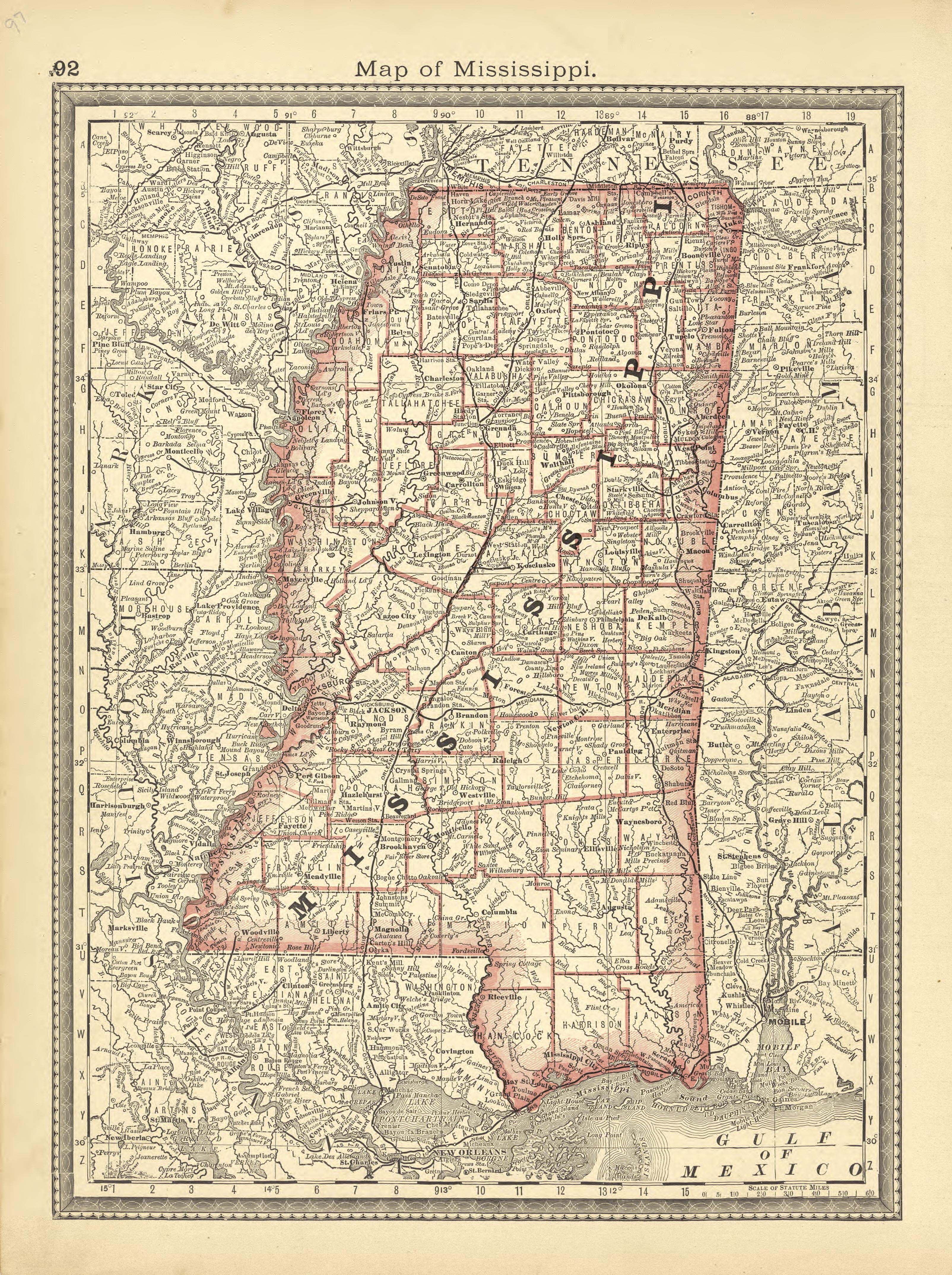 Map of Mississippi from Historical Hand-atlas, Illustrated, Containing Large Scale Copper Plate Maps of Each State and Territory of the United States, and the Provinces of Canada, Together With a Complete Reference Map of the World, … 1881 by Relic Map Company