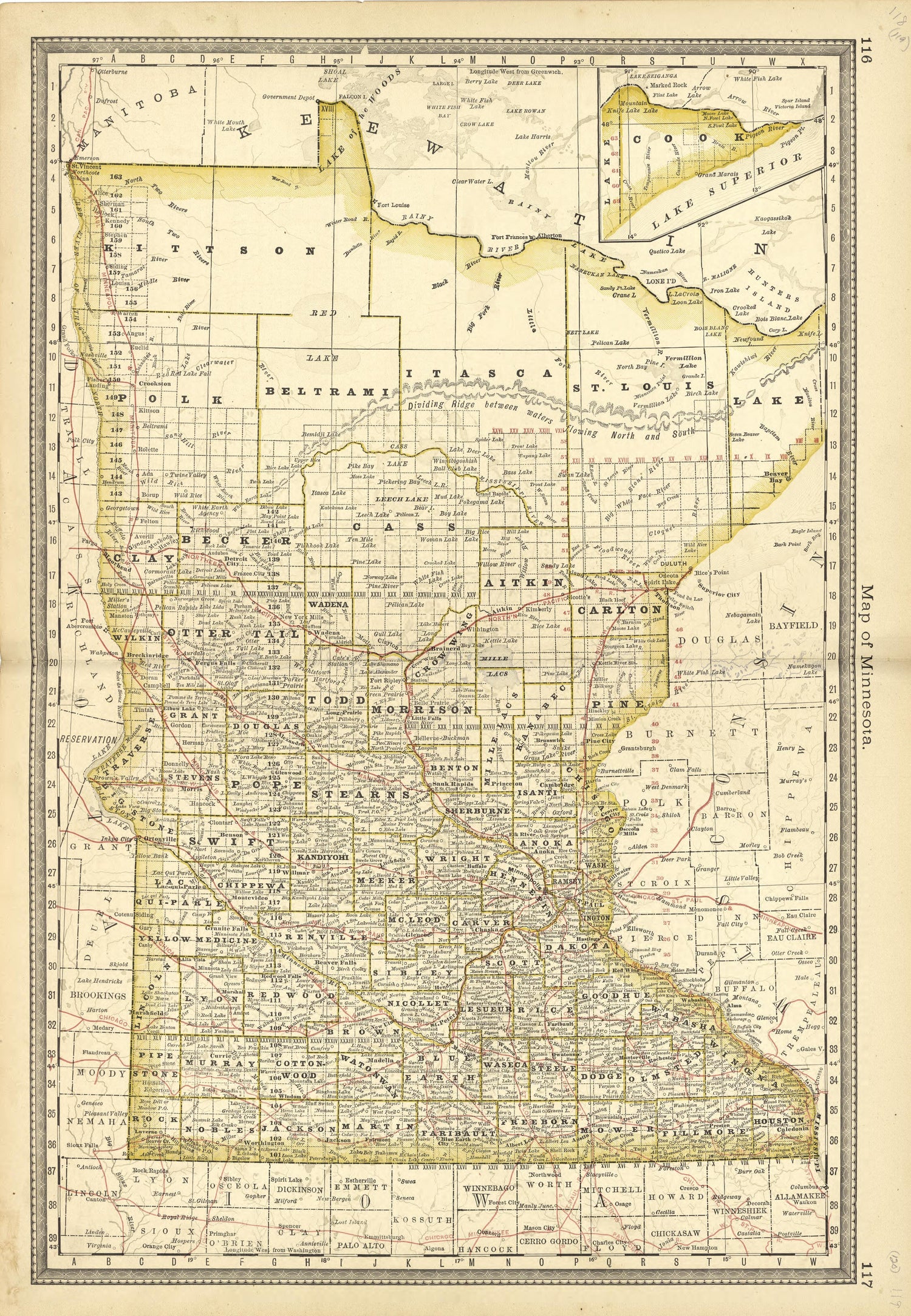 Map of Minnesota from Historical Hand-atlas, Illustrated, Containing Large Scale Copper Plate Maps of Each State and Territory of the United States, and the Provinces of Canada, Together With a Complete Reference Map of the World, … 1881 by Relic Map Company
