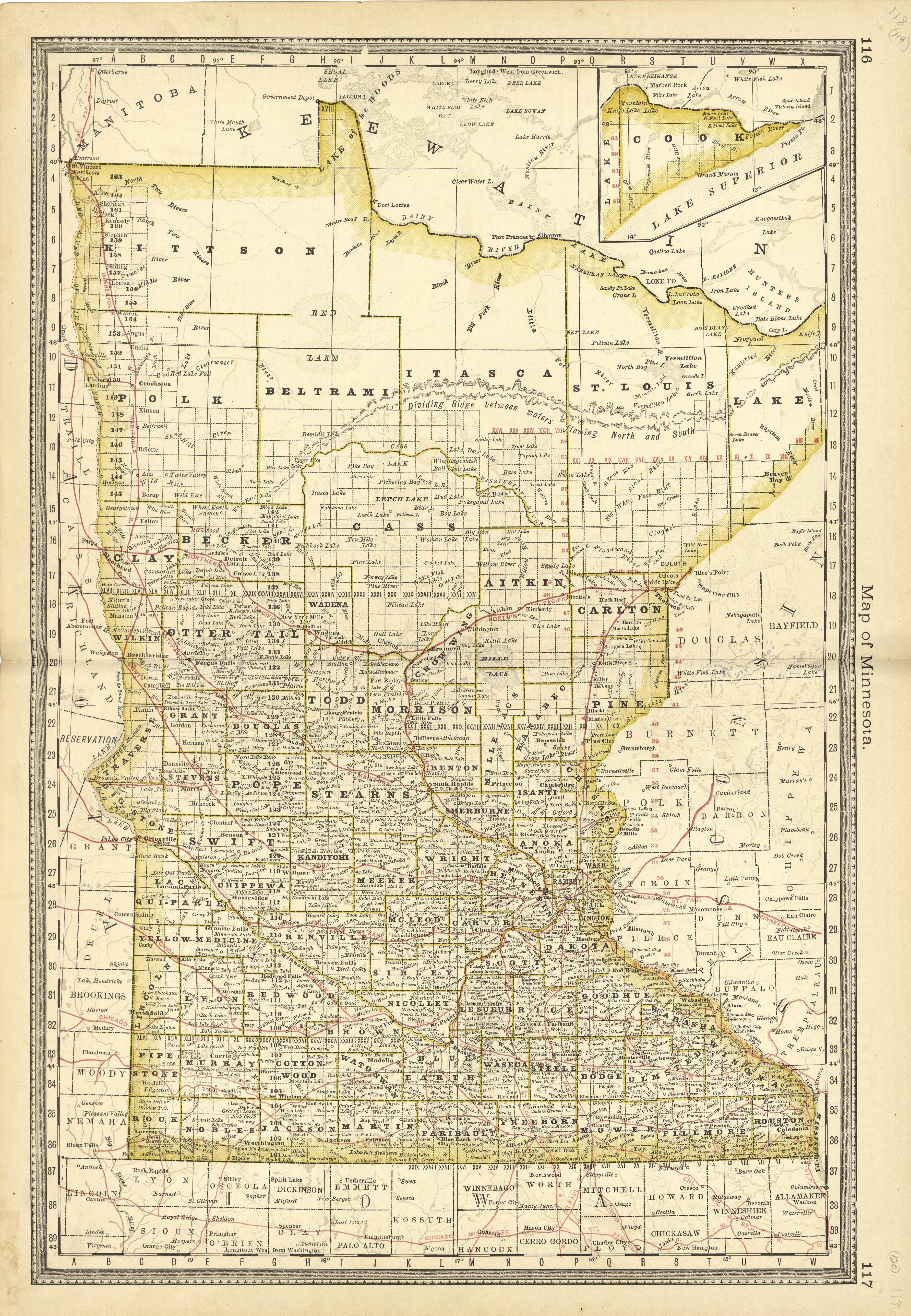 Map of Minnesota from Historical Hand-atlas, Illustrated, Containing Large Scale Copper Plate Maps of Each State and Territory of the United States, and the Provinces of Canada, Together With a Complete Reference Map of the World, … 1881 by Relic Map Company