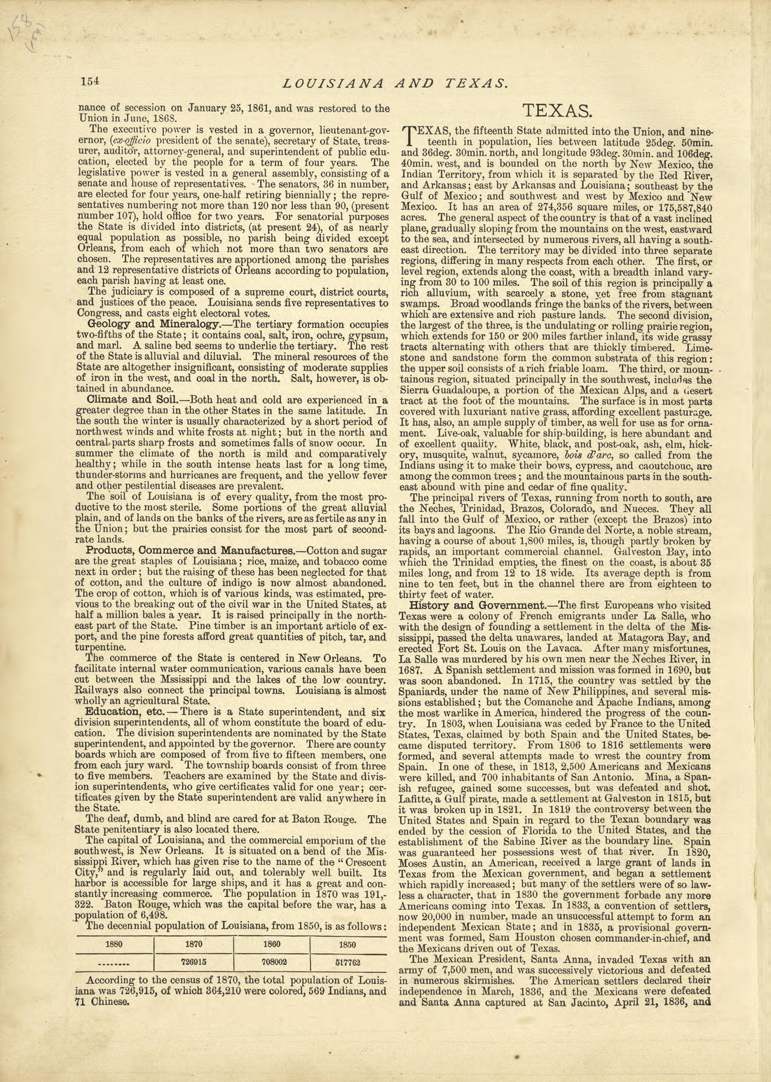 Louisiana - Continued, Texas from Historical Hand-atlas, Illustrated, Containing Large Scale Copper Plate Maps of Each State and Territory of the United States, and the Provinces of Canada, Together With a Complete Reference Map of the World, … 1881 by Relic Map Company