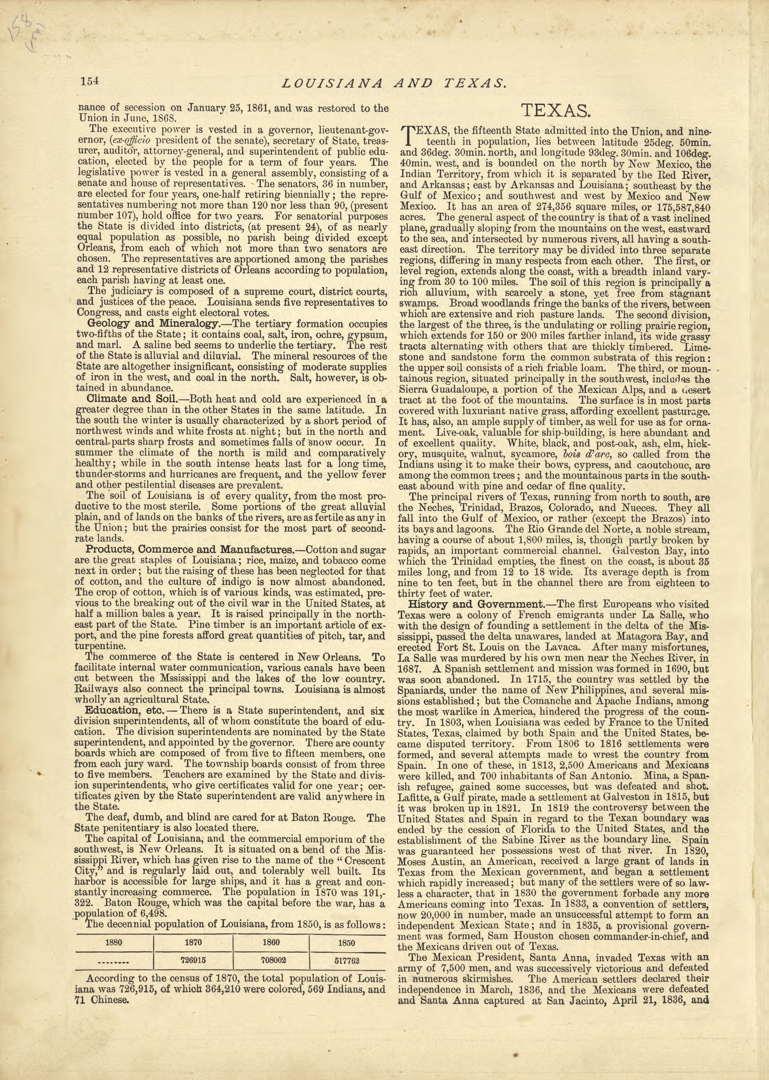 Louisiana - Continued, Texas from Historical Hand-atlas, Illustrated, Containing Large Scale Copper Plate Maps of Each State and Territory of the United States, and the Provinces of Canada, Together With a Complete Reference Map of the World, … 1881 by Relic Map Company