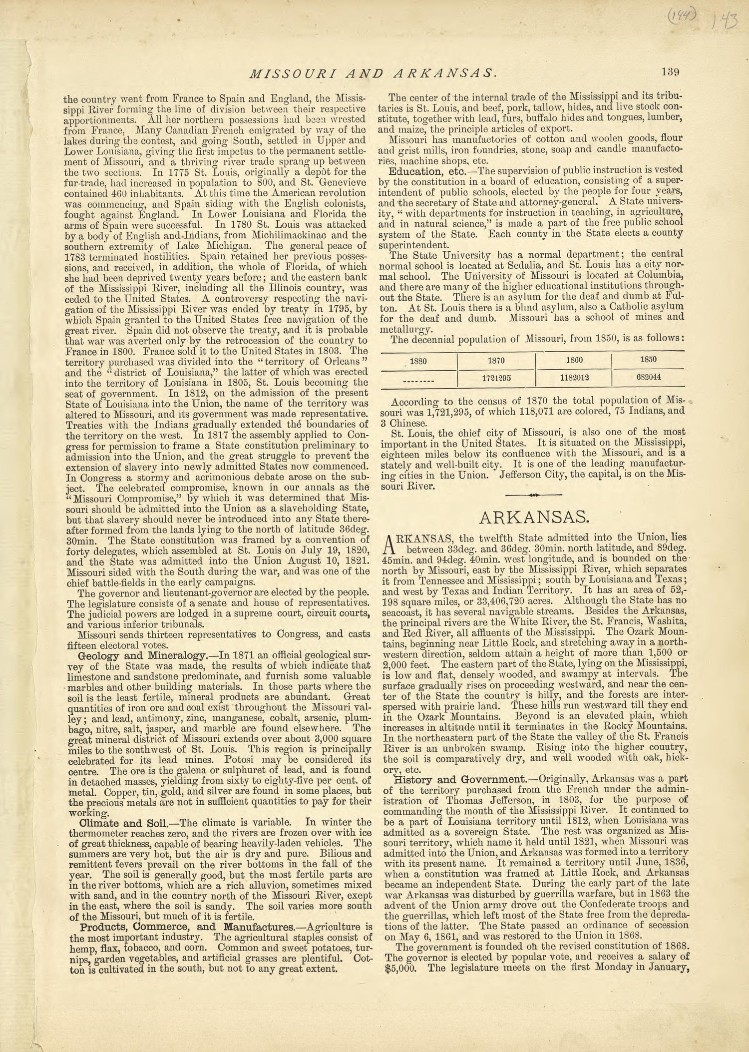 Missouri and Arkansas from Historical Hand-atlas, Illustrated, Containing Large Scale Copper Plate Maps of Each State and Territory of the United States, and the Provinces of Canada, Together With a Complete Reference Map of the World, … 1881 by Relic Map Company