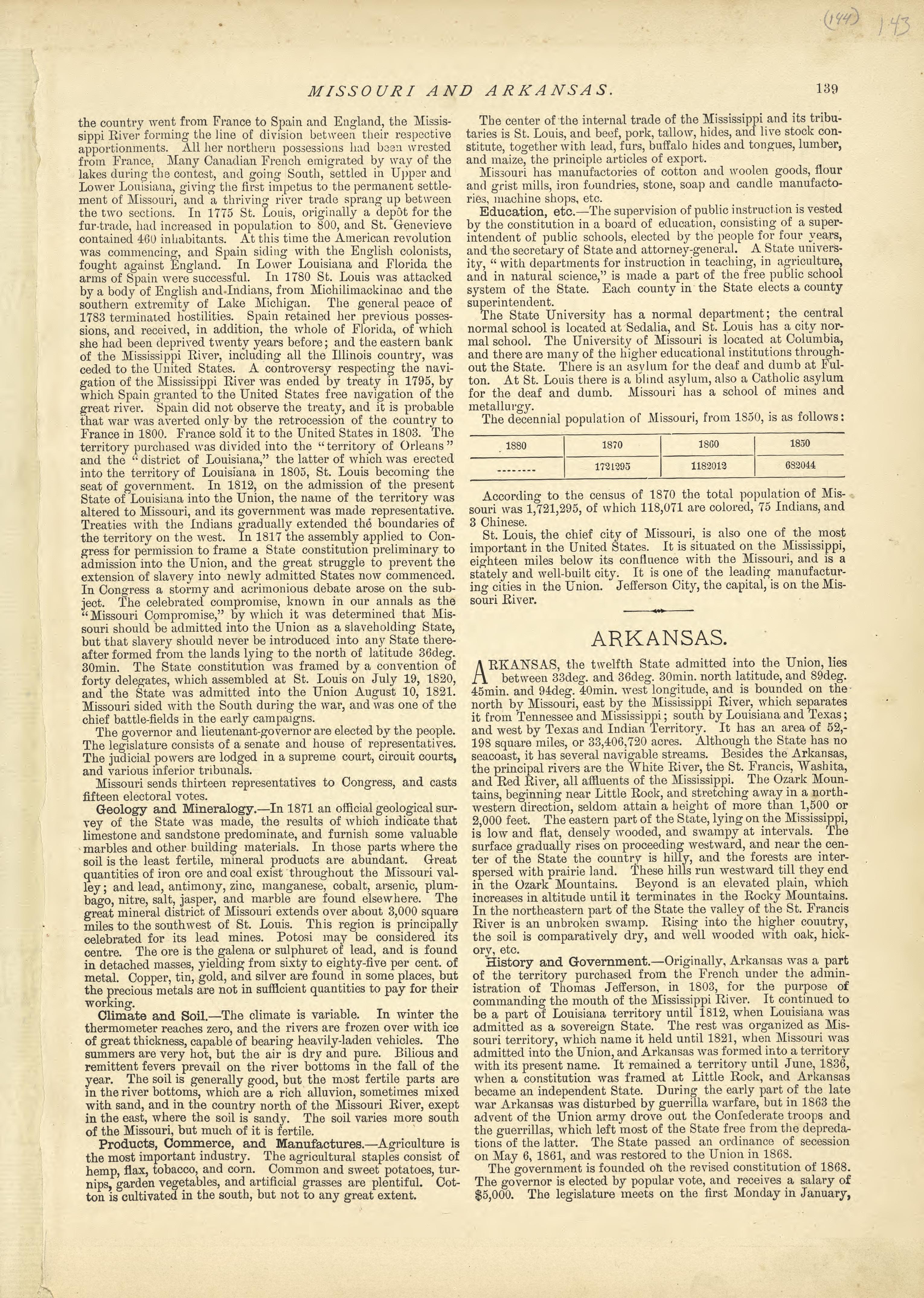 Missouri and Arkansas from Historical Hand-atlas, Illustrated, Containing Large Scale Copper Plate Maps of Each State and Territory of the United States, and the Provinces of Canada, Together With a Complete Reference Map of the World, … 1881 by Relic Map Company