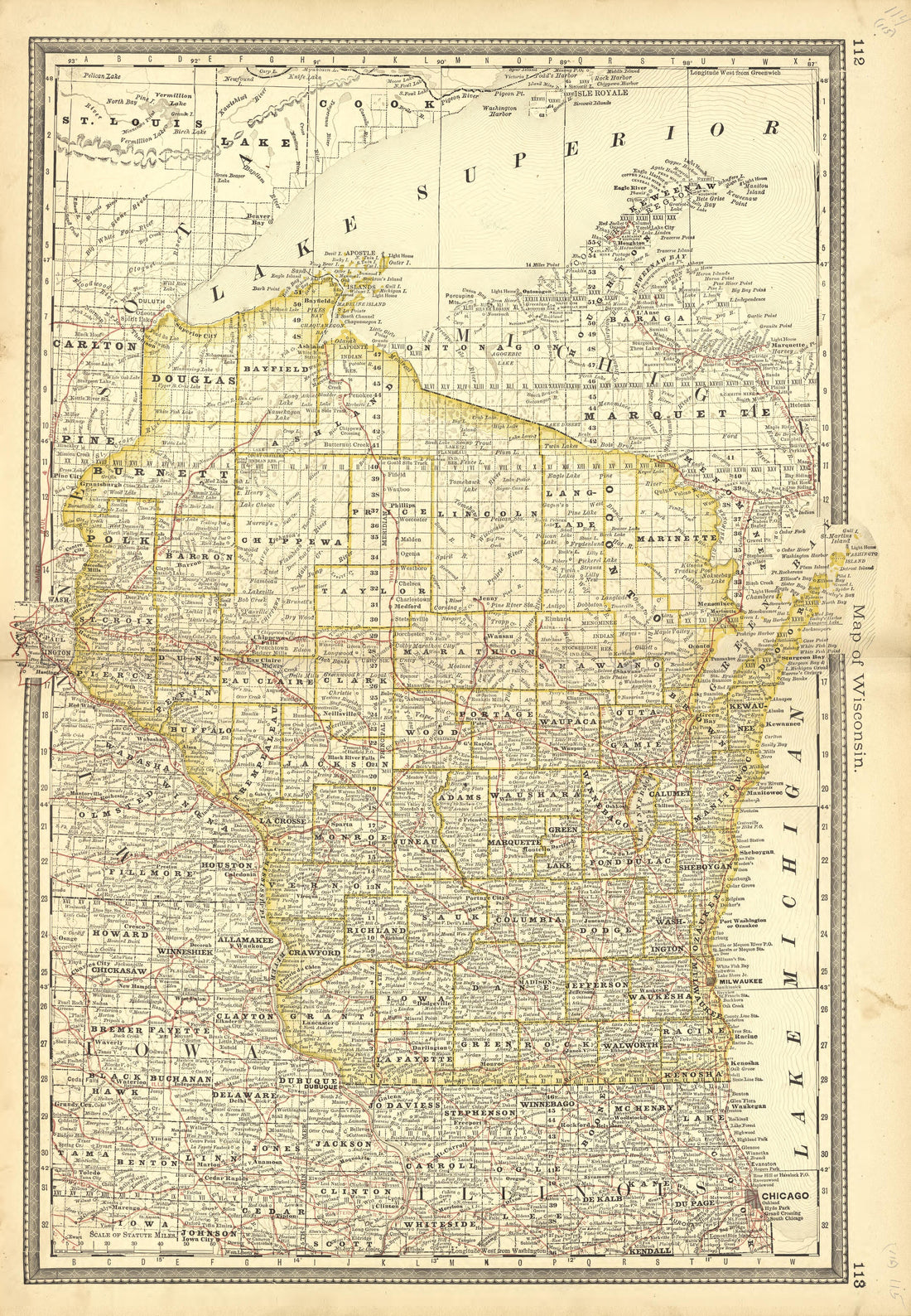 Map of Wisconsin from Historical Hand-atlas, Illustrated, Containing Large Scale Copper Plate Maps of Each State and Territory of the United States, and the Provinces of Canada, Together With a Complete Reference Map of the World, … 1881 by Relic Map Company