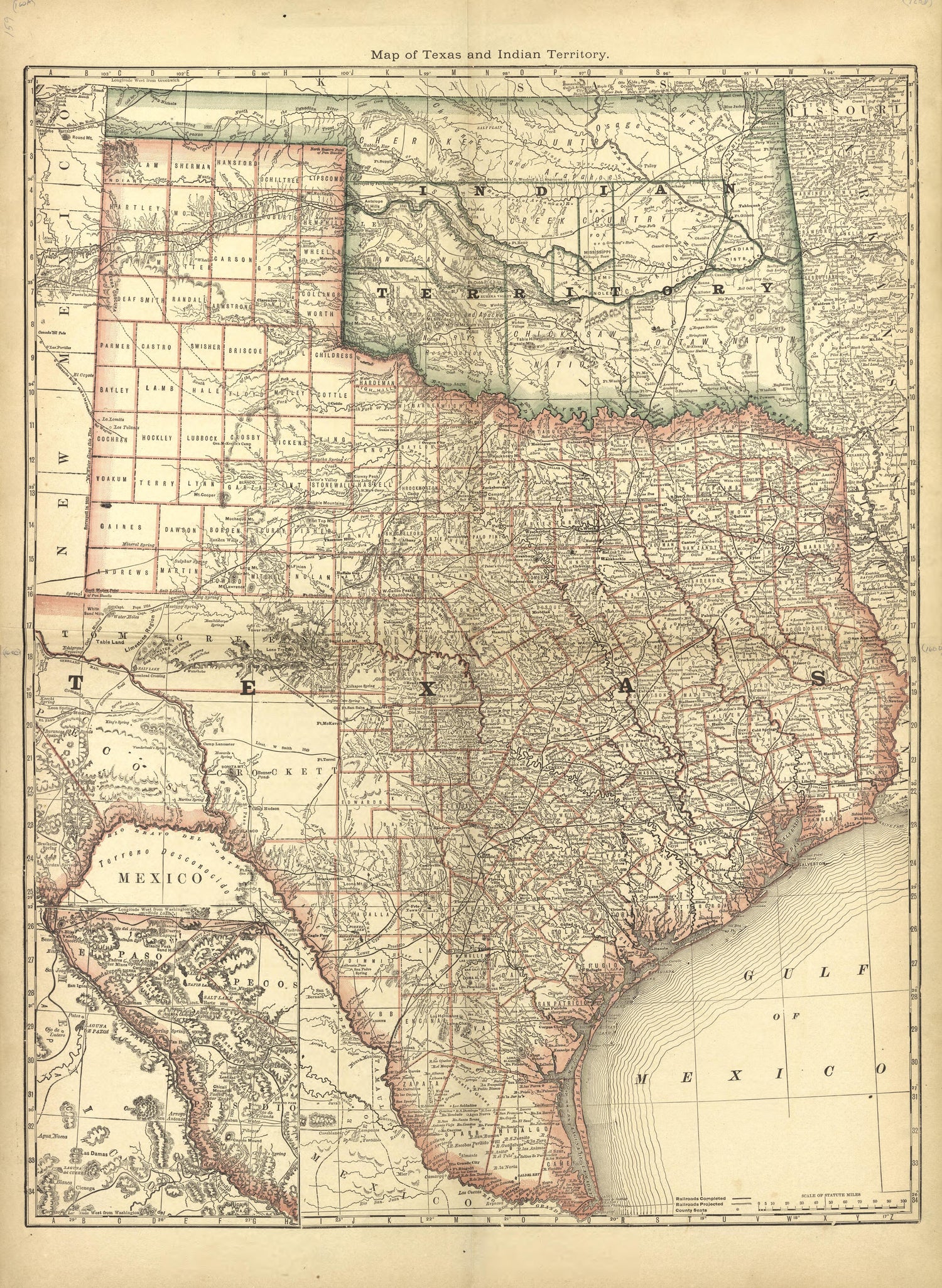 Map of Texas and Indian Territory from Historical Hand-atlas, Illustrated, Containing Large Scale Copper Plate Maps of Each State and Territory of the United States, and the Provinces of Canada, Together With a Complete Reference Map of the World, …... by Relic Map Company