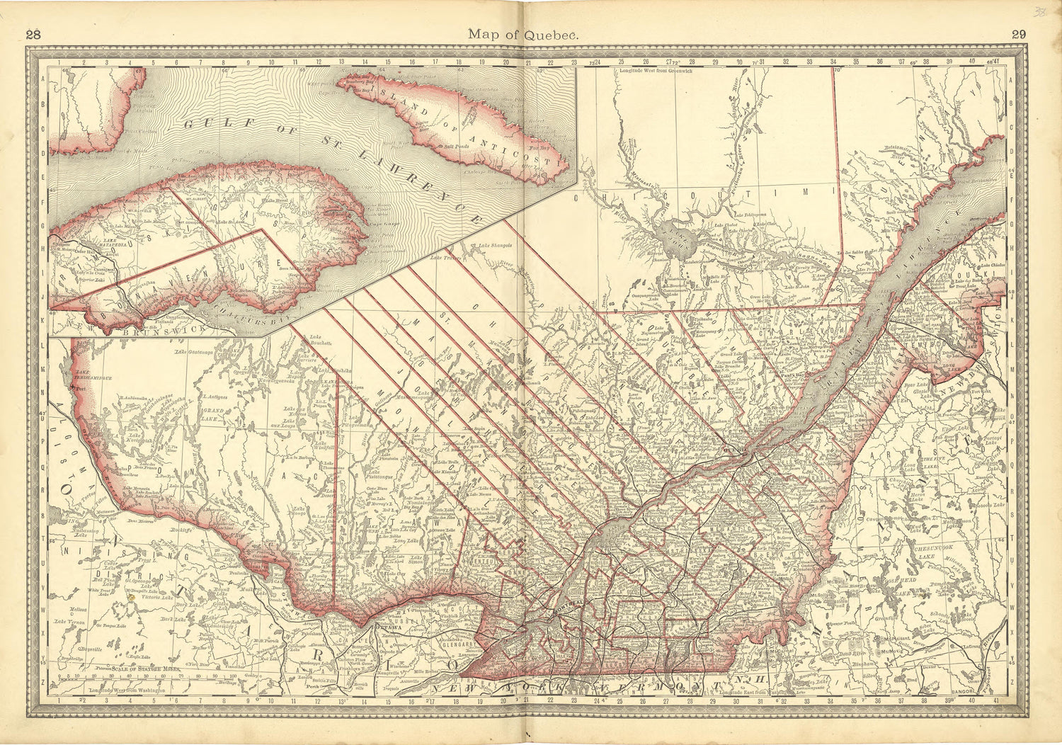 Map of Quebec from Historical Hand-atlas, Illustrated, Containing Large Scale Copper Plate Maps of Each State and Territory of the United States, and the Provinces of Canada, Together With a Complete Reference Map of the World, … 1881 by Relic Map Company