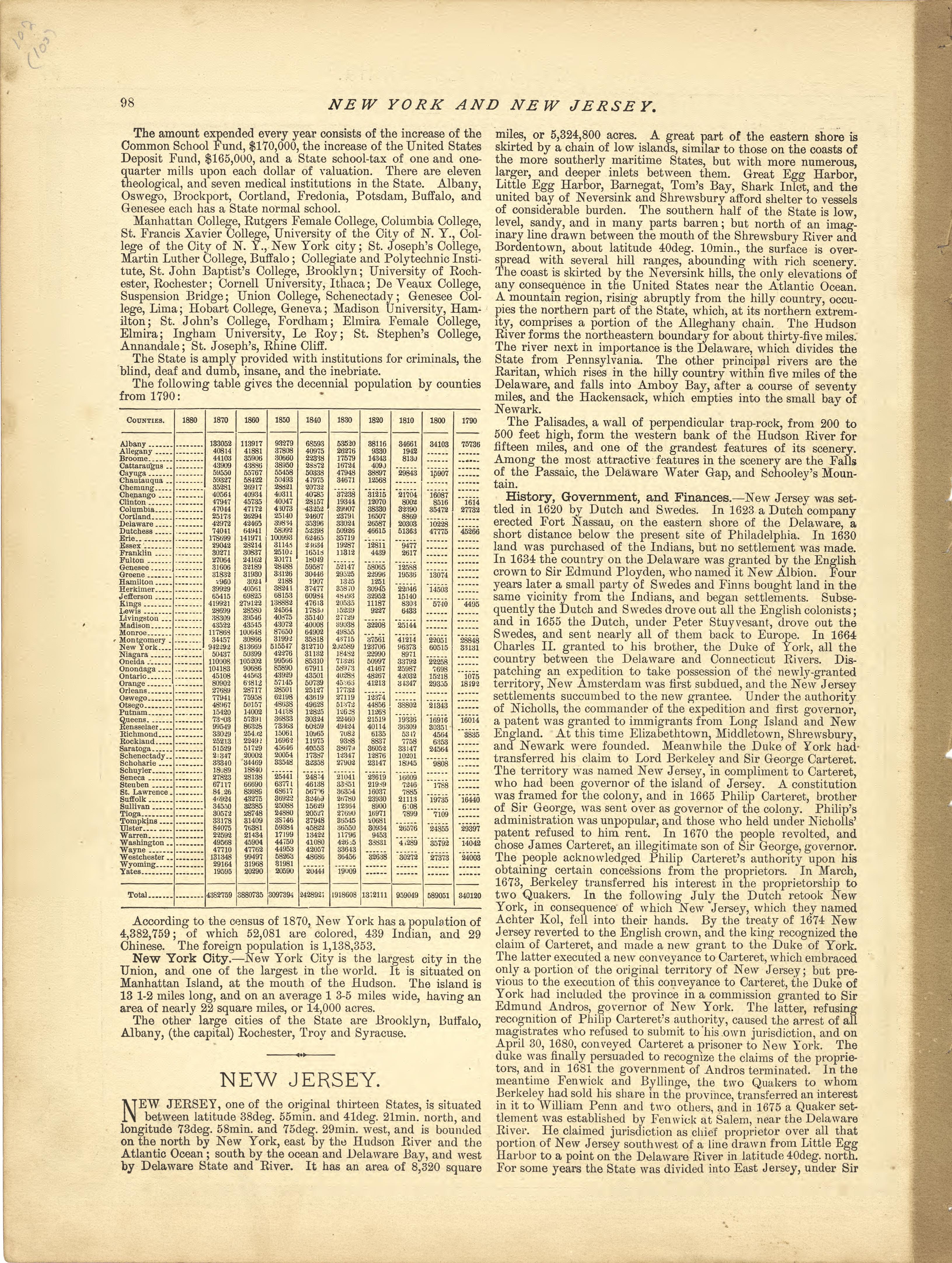 New York - Continued, New Jersey from Historical Hand-atlas, Illustrated, Containing Large Scale Copper Plate Maps of Each State and Territory of the United States, and the Provinces of Canada, Together With a Complete Reference Map of the World, … 1881 by Relic Map Company