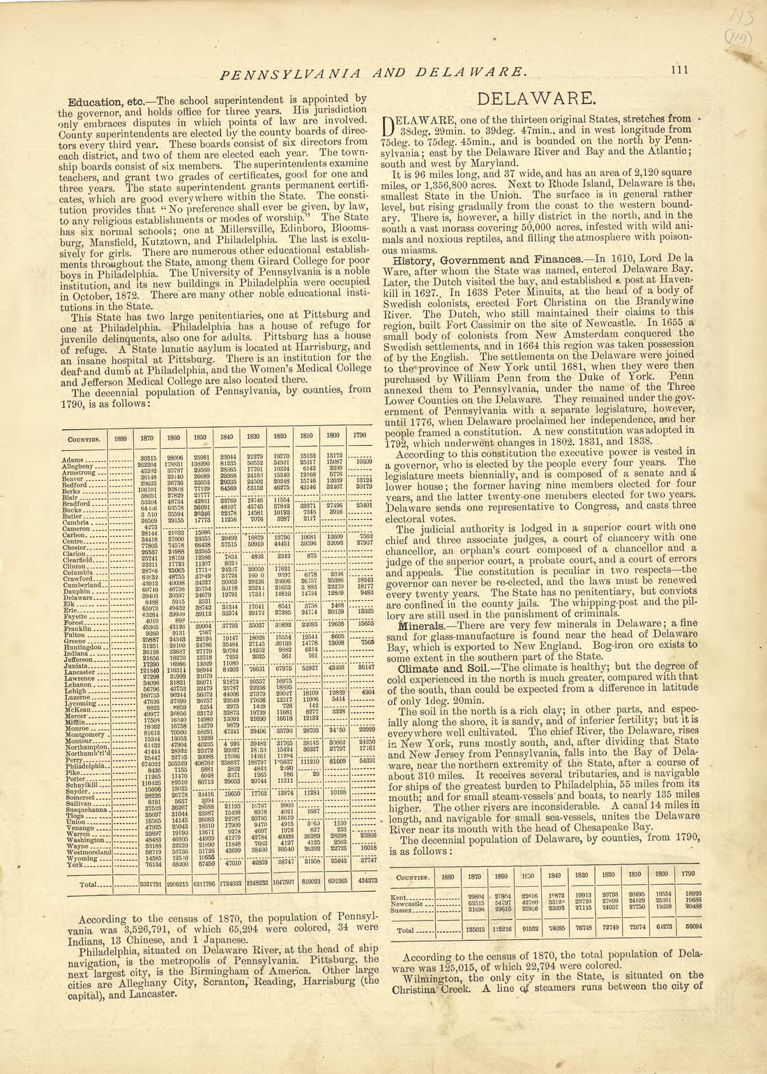 Pennsylvania - Continued, Delaware from Historical Hand-atlas, Illustrated, Containing Large Scale Copper Plate Maps of Each State and Territory of the United States, and the Provinces of Canada, Together With a Complete Reference Map of the World, �... by Relic Map Company