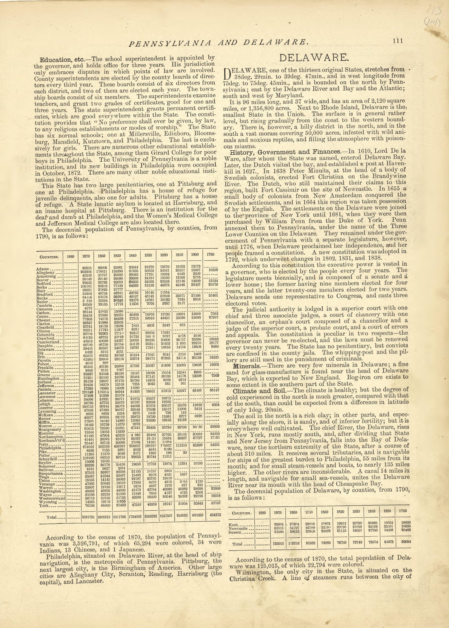 Pennsylvania - Continued, Delaware from Historical Hand-atlas, Illustrated, Containing Large Scale Copper Plate Maps of Each State and Territory of the United States, and the Provinces of Canada, Together With a Complete Reference Map of the World, �... by Relic Map Company