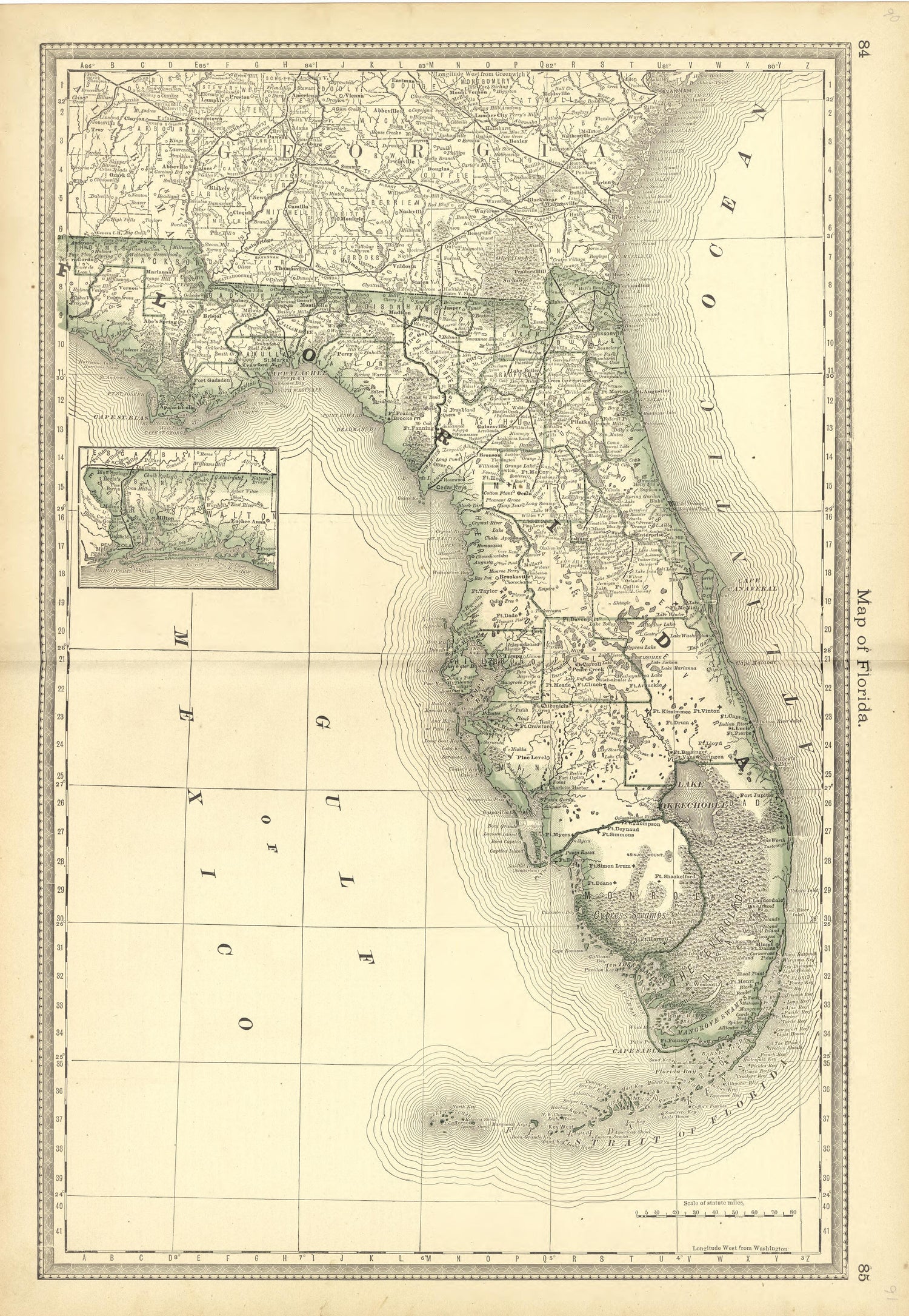 Map of Florida from Historical Hand-atlas, Illustrated, Containing Large Scale Copper Plate Maps of Each State and Territory of the United States, and the Provinces of Canada, Together With a Complete Reference Map of the World, … 1881 by Relic Map Company