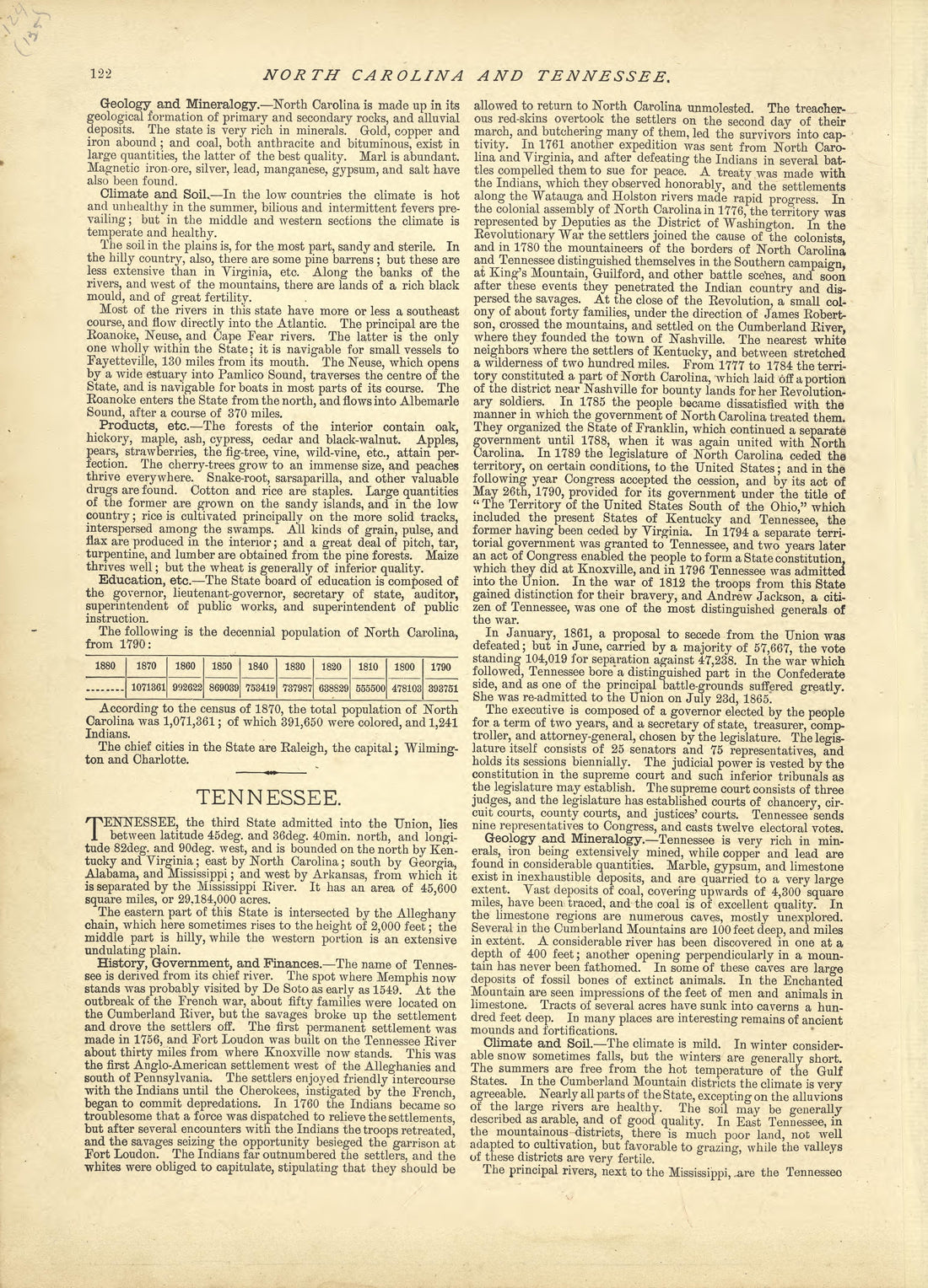 North Carolina - Continued, Tennessee from Historical Hand-atlas, Illustrated, Containing Large Scale Copper Plate Maps of Each State and Territory of the United States, and the Provinces of Canada, Together With a Complete Reference Map of the World,... by Relic Map Company