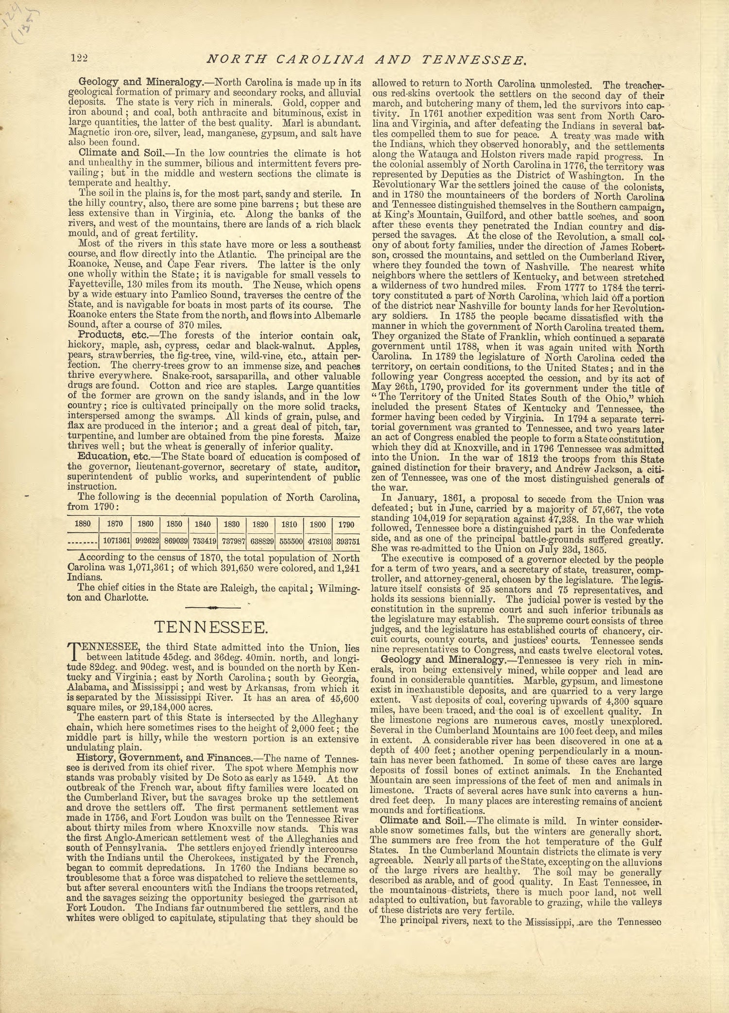 North Carolina - Continued, Tennessee from Historical Hand-atlas, Illustrated, Containing Large Scale Copper Plate Maps of Each State and Territory of the United States, and the Provinces of Canada, Together With a Complete Reference Map of the World,... by Relic Map Company