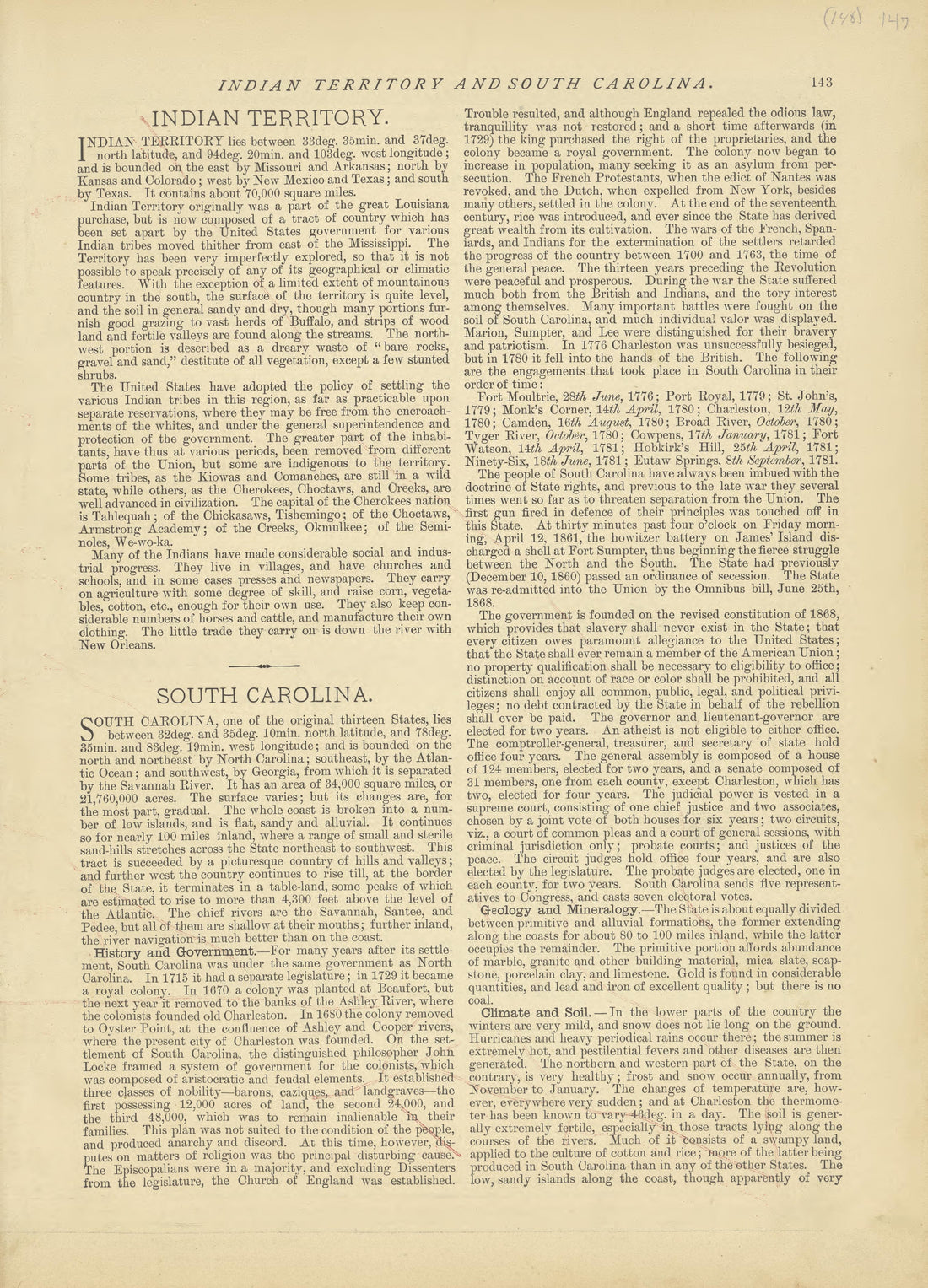 Indian Territory and South Carolina from Historical Hand-atlas, Illustrated, Containing Large Scale Copper Plate Maps of Each State and Territory of the United States, and the Provinces of Canada, Together With a Complete Reference Map of the World, �... by Relic Map Company