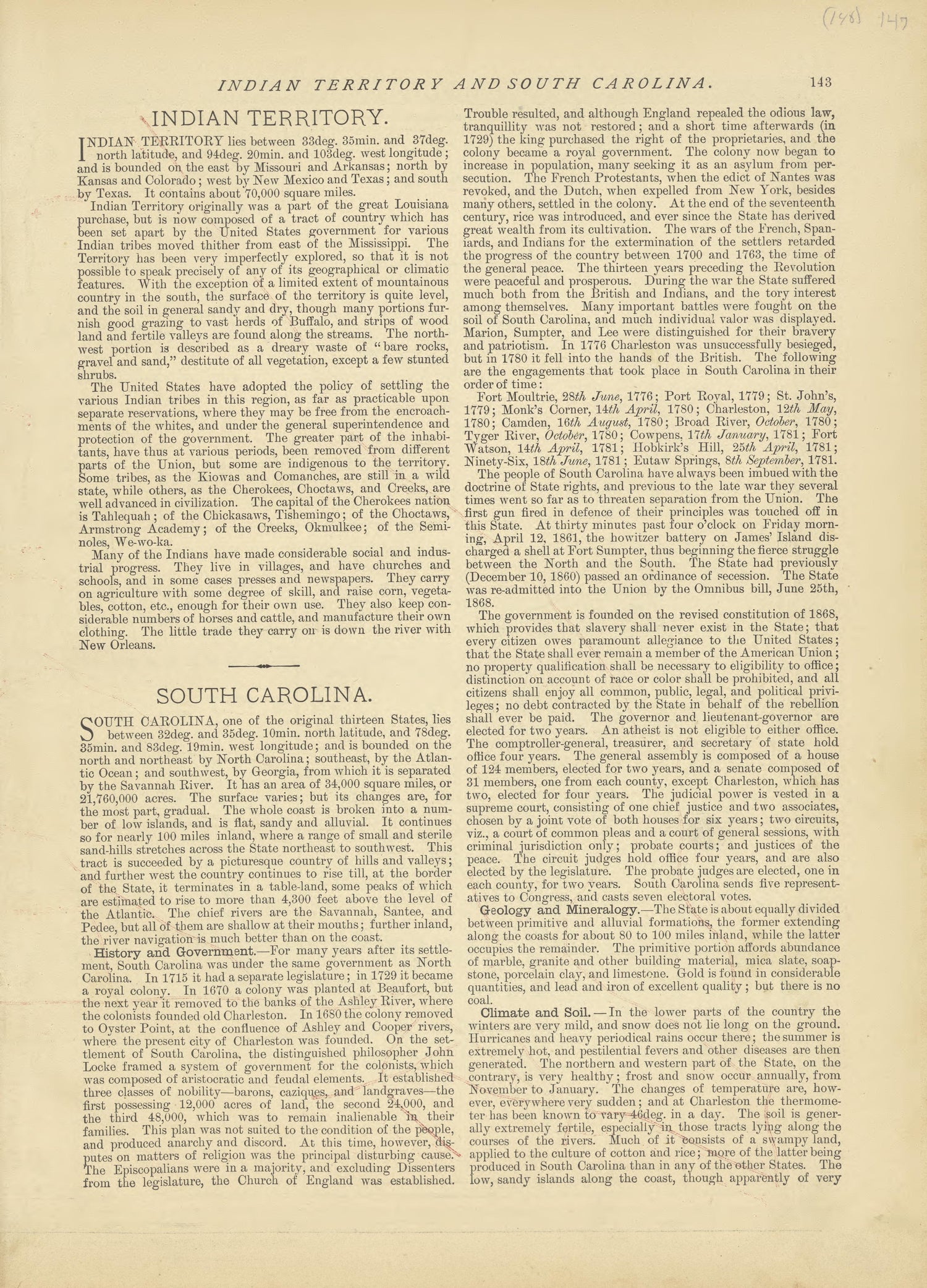 Indian Territory and South Carolina from Historical Hand-atlas, Illustrated, Containing Large Scale Copper Plate Maps of Each State and Territory of the United States, and the Provinces of Canada, Together With a Complete Reference Map of the World, �... by Relic Map Company