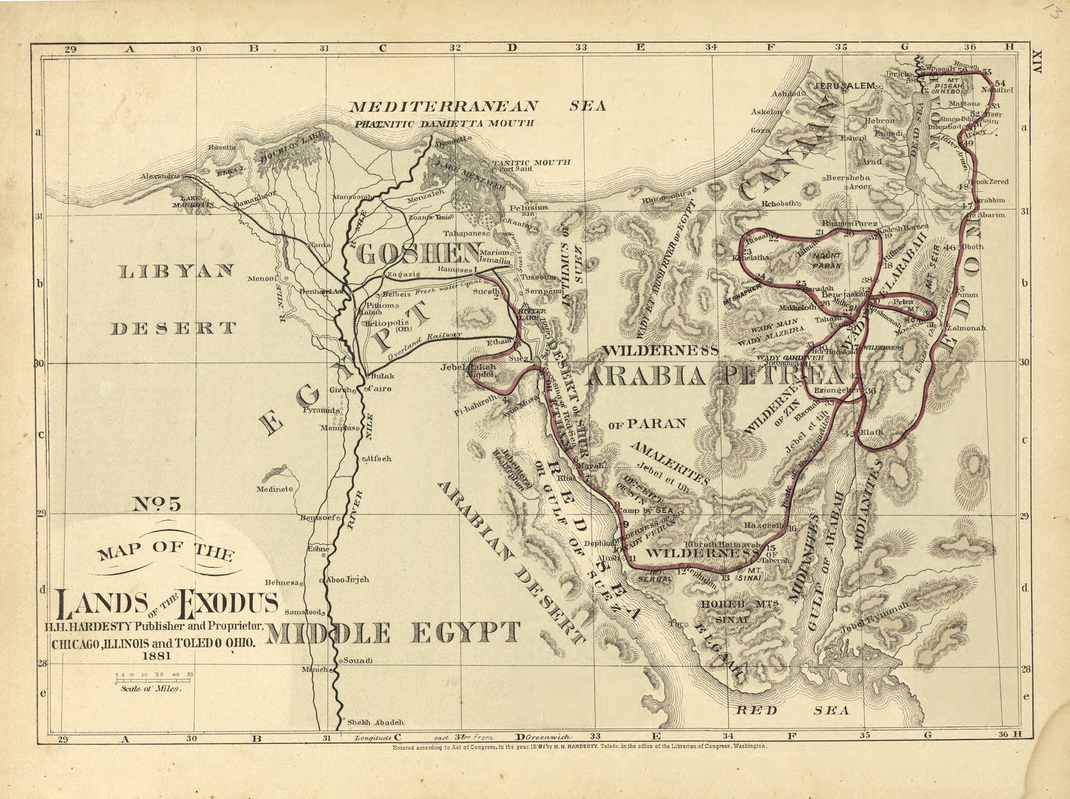 No. 5 Map of the Lands of the Exodus from Historical Hand-atlas, Illustrated, Containing Large Scale Copper Plate Maps of Each State and Territory of the United States, and the Provinces of Canada, Together With a Complete Reference Map of the World, ... by Relic Map Company