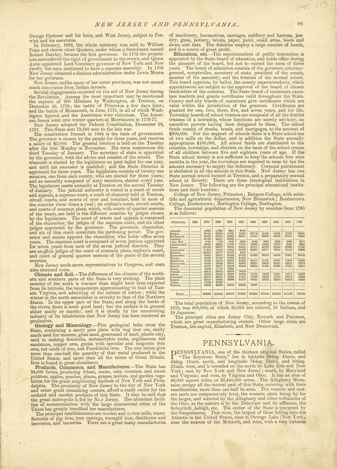 New Jersey - Continued, Pennsylvania from Historical Hand-atlas, Illustrated, Containing Large Scale Copper Plate Maps of Each State and Territory of the United States, and the Provinces of Canada, Together With a Complete Reference Map of the World, ... by Relic Map Company