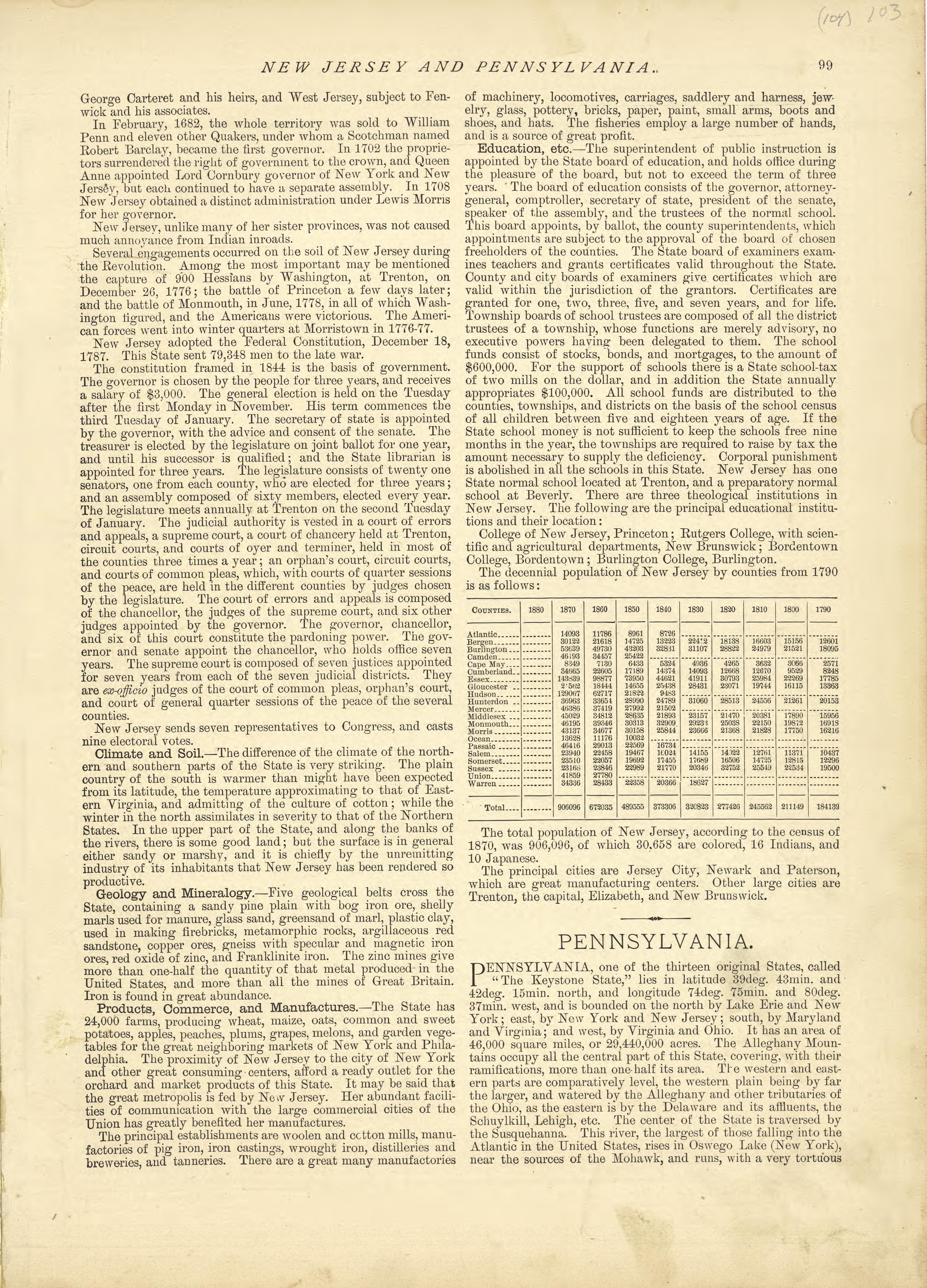 New Jersey - Continued, Pennsylvania from Historical Hand-atlas, Illustrated, Containing Large Scale Copper Plate Maps of Each State and Territory of the United States, and the Provinces of Canada, Together With a Complete Reference Map of the World, ... by Relic Map Company