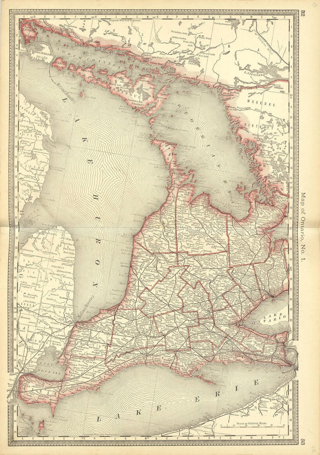 Map of Ontario, No. 1 from Historical Hand-atlas, Illustrated, Containing Large Scale Copper Plate Maps of Each State and Territory of the United States, and the Provinces of Canada, Together With a Complete Reference Map of the World, … 1881 by Relic Map Company