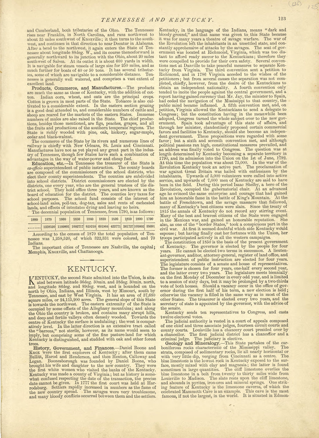 Tennessee - Continued, Kentucky from Historical Hand-atlas, Illustrated, Containing Large Scale Copper Plate Maps of Each State and Territory of the United States, and the Provinces of Canada, Together With a Complete Reference Map of the World, … 1881 by Relic Map Company