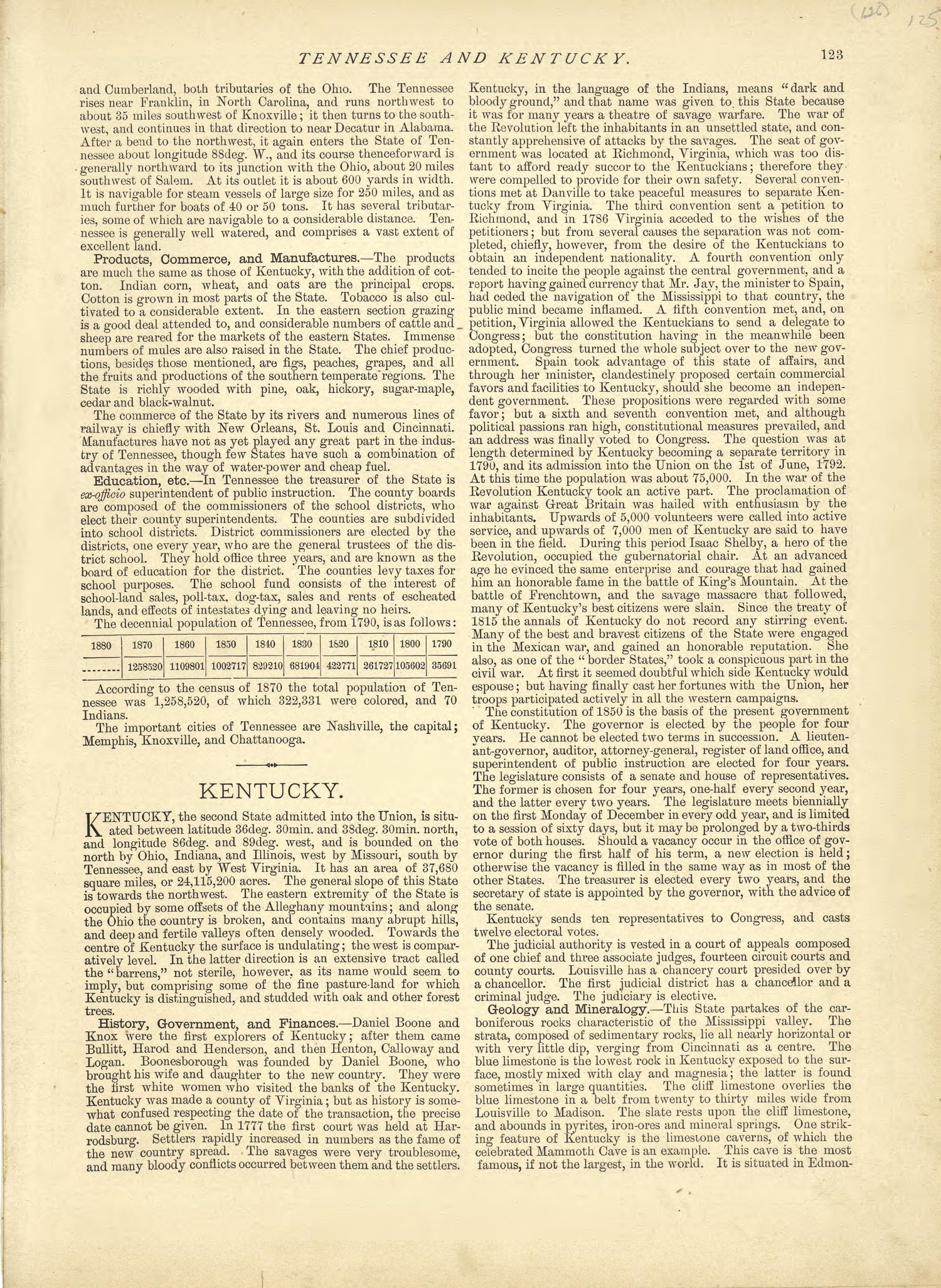 Tennessee - Continued, Kentucky from Historical Hand-atlas, Illustrated, Containing Large Scale Copper Plate Maps of Each State and Territory of the United States, and the Provinces of Canada, Together With a Complete Reference Map of the World, … 1881 by Relic Map Company
