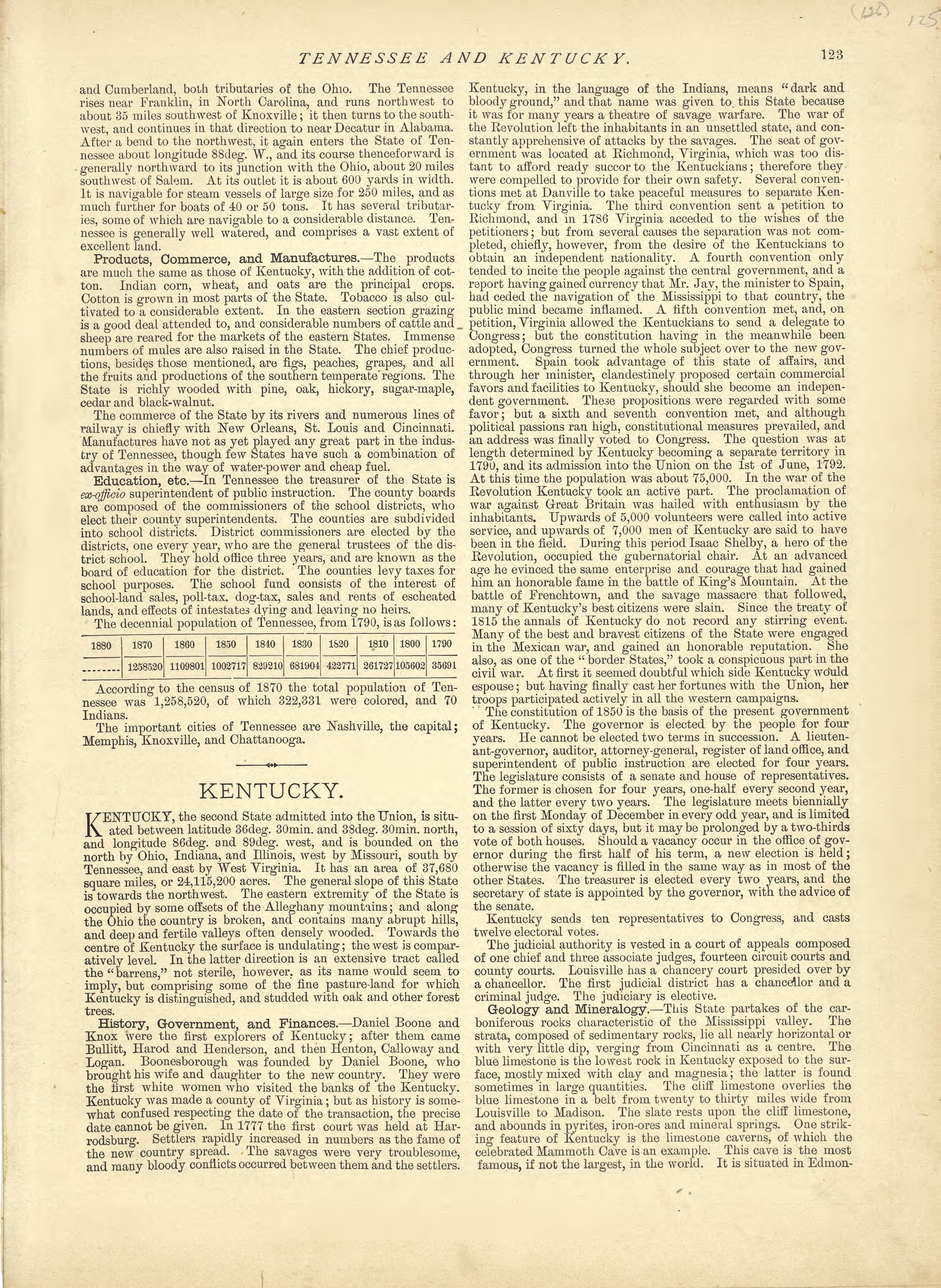 Tennessee - Continued, Kentucky from Historical Hand-atlas, Illustrated, Containing Large Scale Copper Plate Maps of Each State and Territory of the United States, and the Provinces of Canada, Together With a Complete Reference Map of the World, … 1881 by Relic Map Company