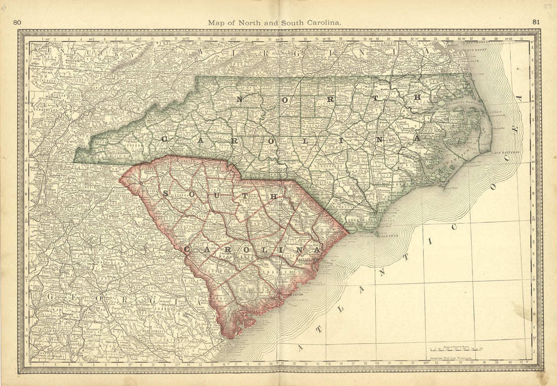 Map of North and South Carolina from Historical Hand-atlas, Illustrated, Containing Large Scale Copper Plate Maps of Each State and Territory of the United States, and the Provinces of Canada, Together With a Complete Reference Map of the World, … 1881 by Relic Map Company