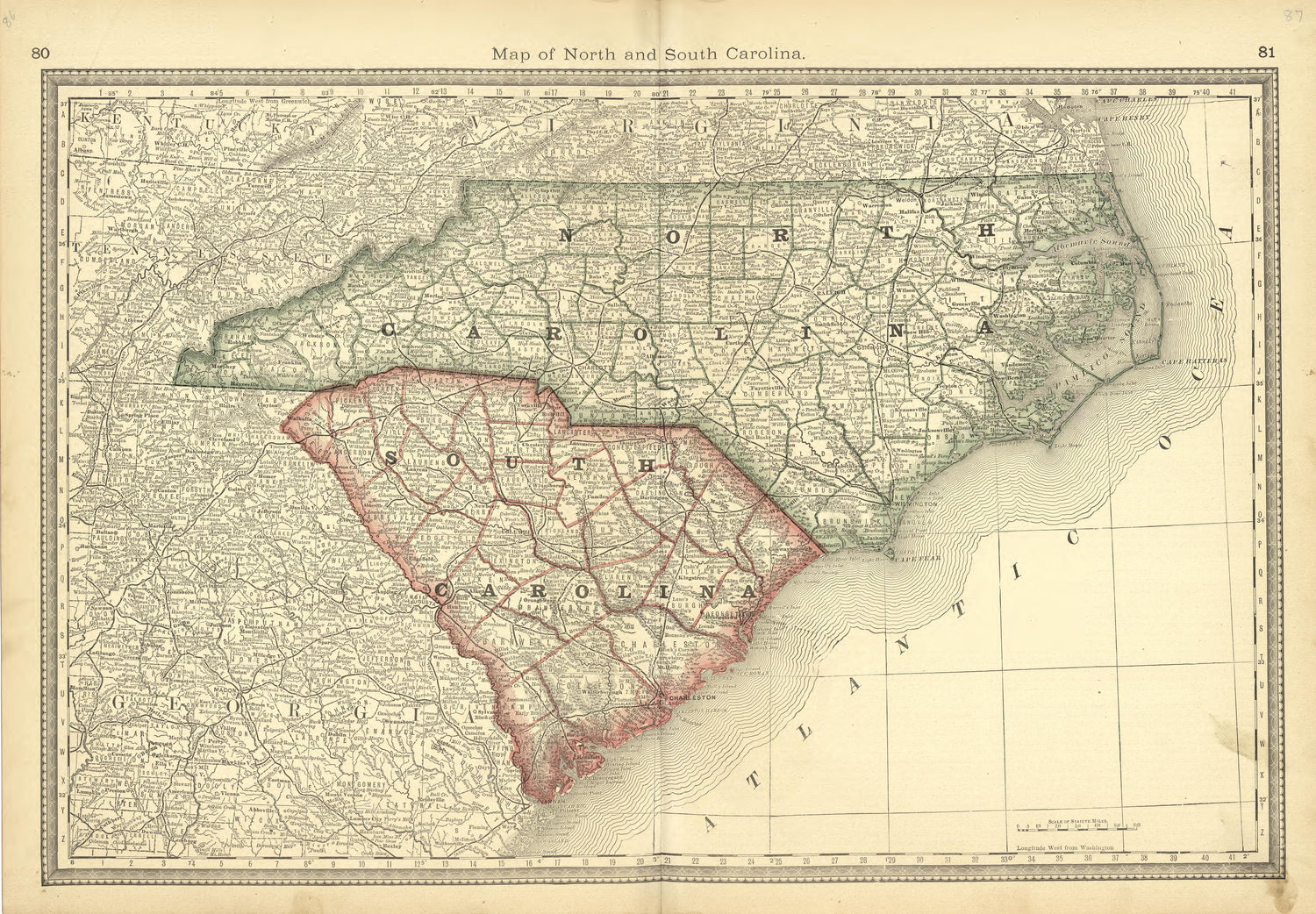 Map of North and South Carolina from Historical Hand-atlas, Illustrated, Containing Large Scale Copper Plate Maps of Each State and Territory of the United States, and the Provinces of Canada, Together With a Complete Reference Map of the World, … 1881 by Relic Map Company
