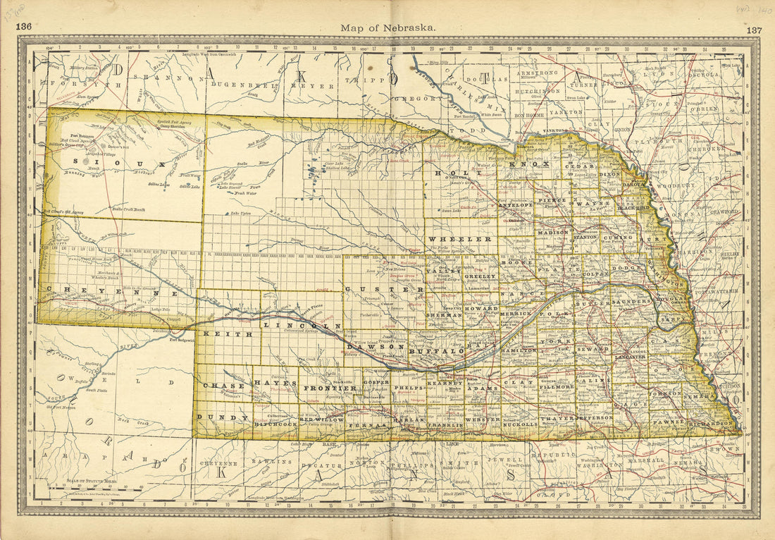 Map of Nebraska from Historical Hand-atlas, Illustrated, Containing Large Scale Copper Plate Maps of Each State and Territory of the United States, and the Provinces of Canada, Together With a Complete Reference Map of the World, … 1881 by Relic Map Company