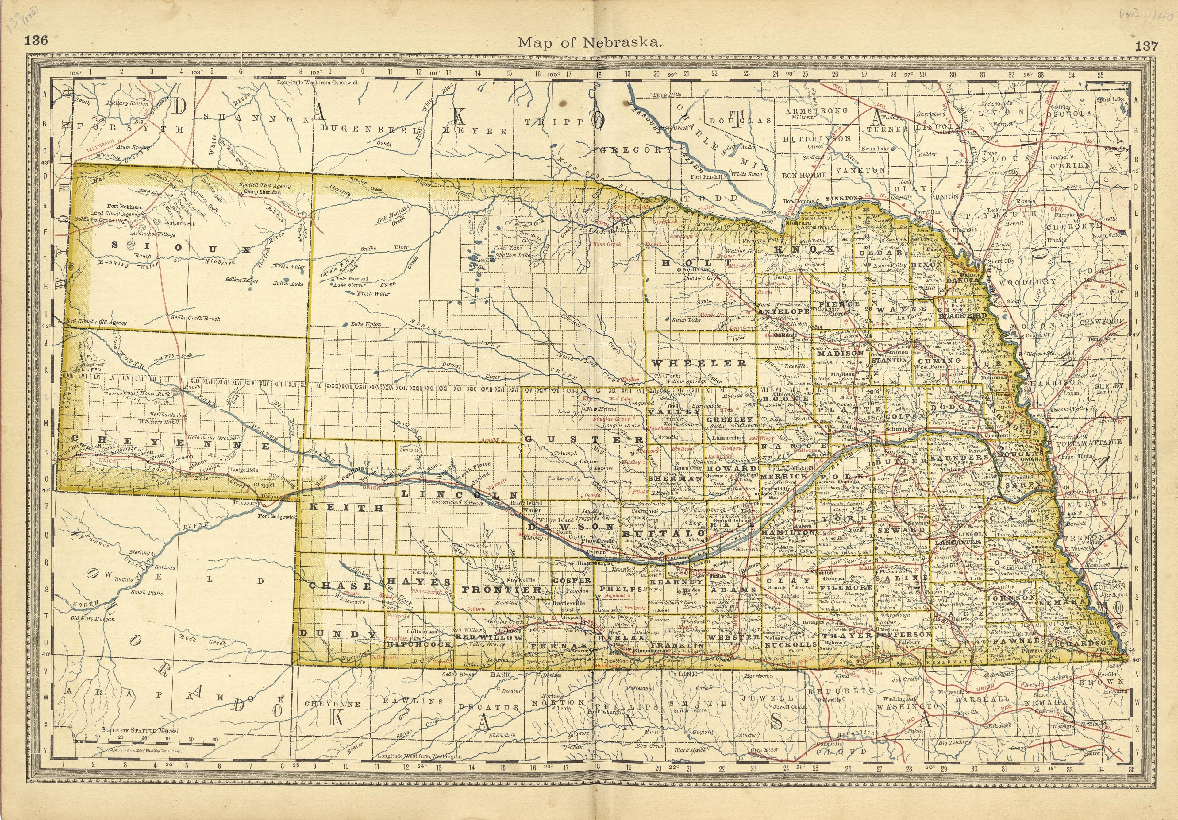 Map of Nebraska from Historical Hand-atlas, Illustrated, Containing Large Scale Copper Plate Maps of Each State and Territory of the United States, and the Provinces of Canada, Together With a Complete Reference Map of the World, … 1881 by Relic Map Company
