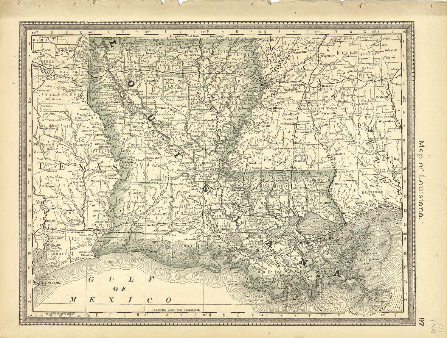 Map of Louisiana from Historical Hand-atlas, Illustrated, Containing Large Scale Copper Plate Maps of Each State and Territory of the United States, and the Provinces of Canada, Together With a Complete Reference Map of the World, … 1881 by Relic Map Company