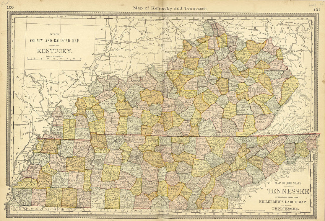Map of Kentucky and Tennessee from Historical Hand-atlas, Illustrated, Containing Large Scale Copper Plate Maps of Each State and Territory of the United States, and the Provinces of Canada, Together With a Complete Reference Map of the World, … 1881 by Relic Map Company