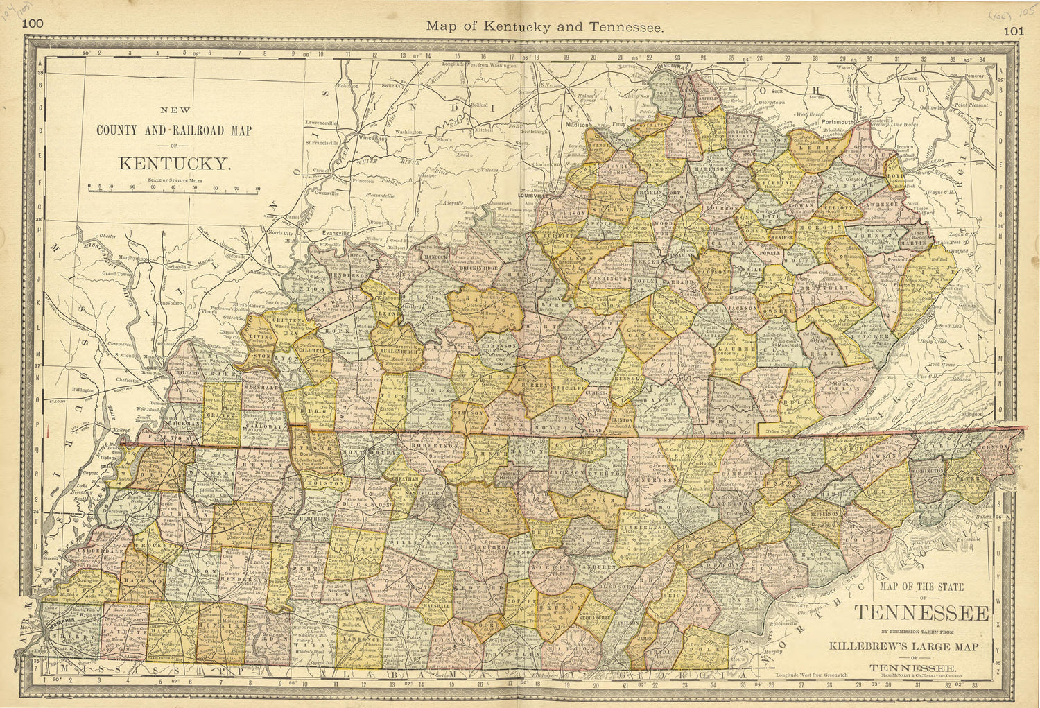 Map of Kentucky and Tennessee from Historical Hand-atlas, Illustrated, Containing Large Scale Copper Plate Maps of Each State and Territory of the United States, and the Provinces of Canada, Together With a Complete Reference Map of the World, … 1881 by Relic Map Company