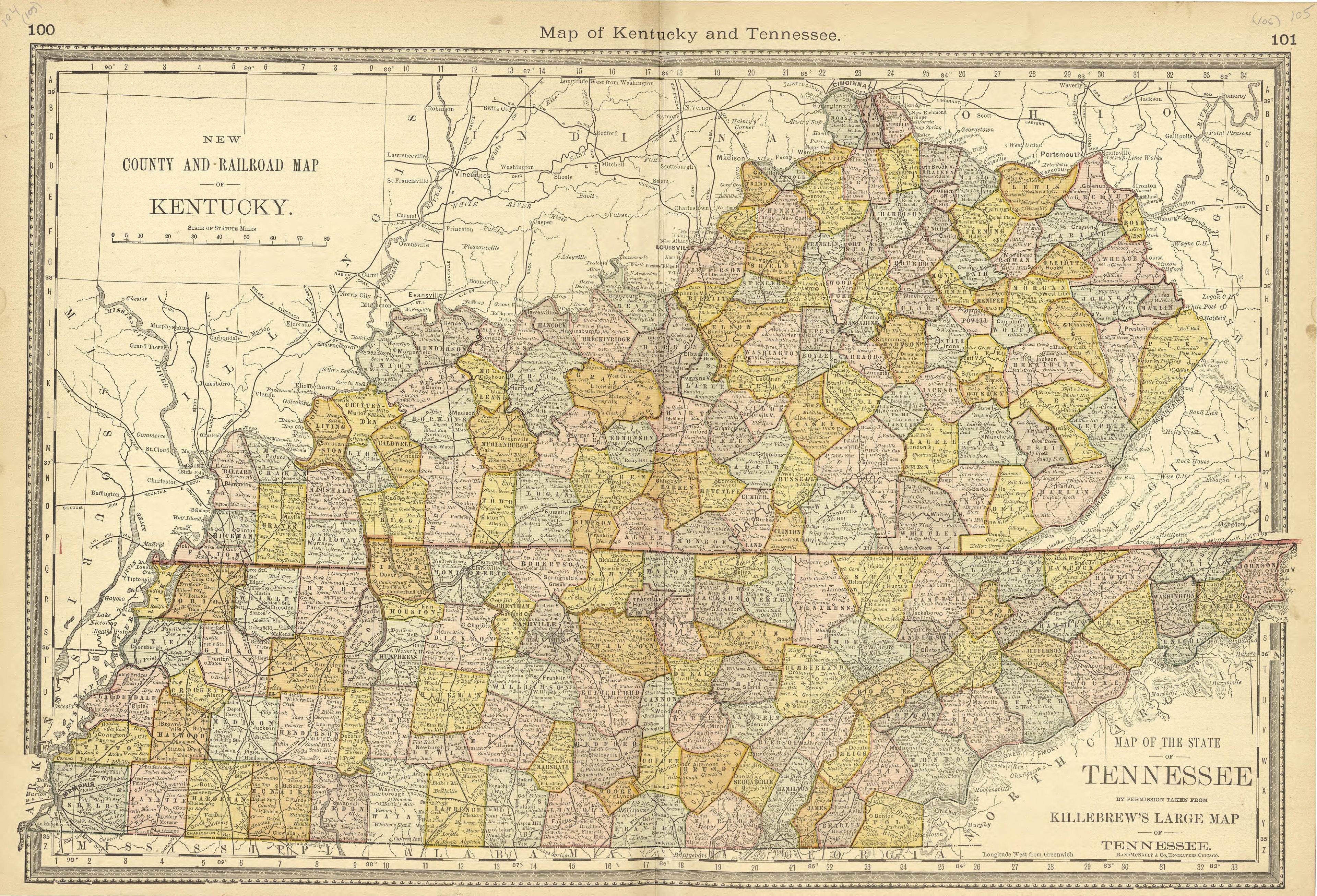 Map of Kentucky and Tennessee from Historical Hand-atlas, Illustrated, Containing Large Scale Copper Plate Maps of Each State and Territory of the United States, and the Provinces of Canada, Together With a Complete Reference Map of the World, … 1881 by Relic Map Company