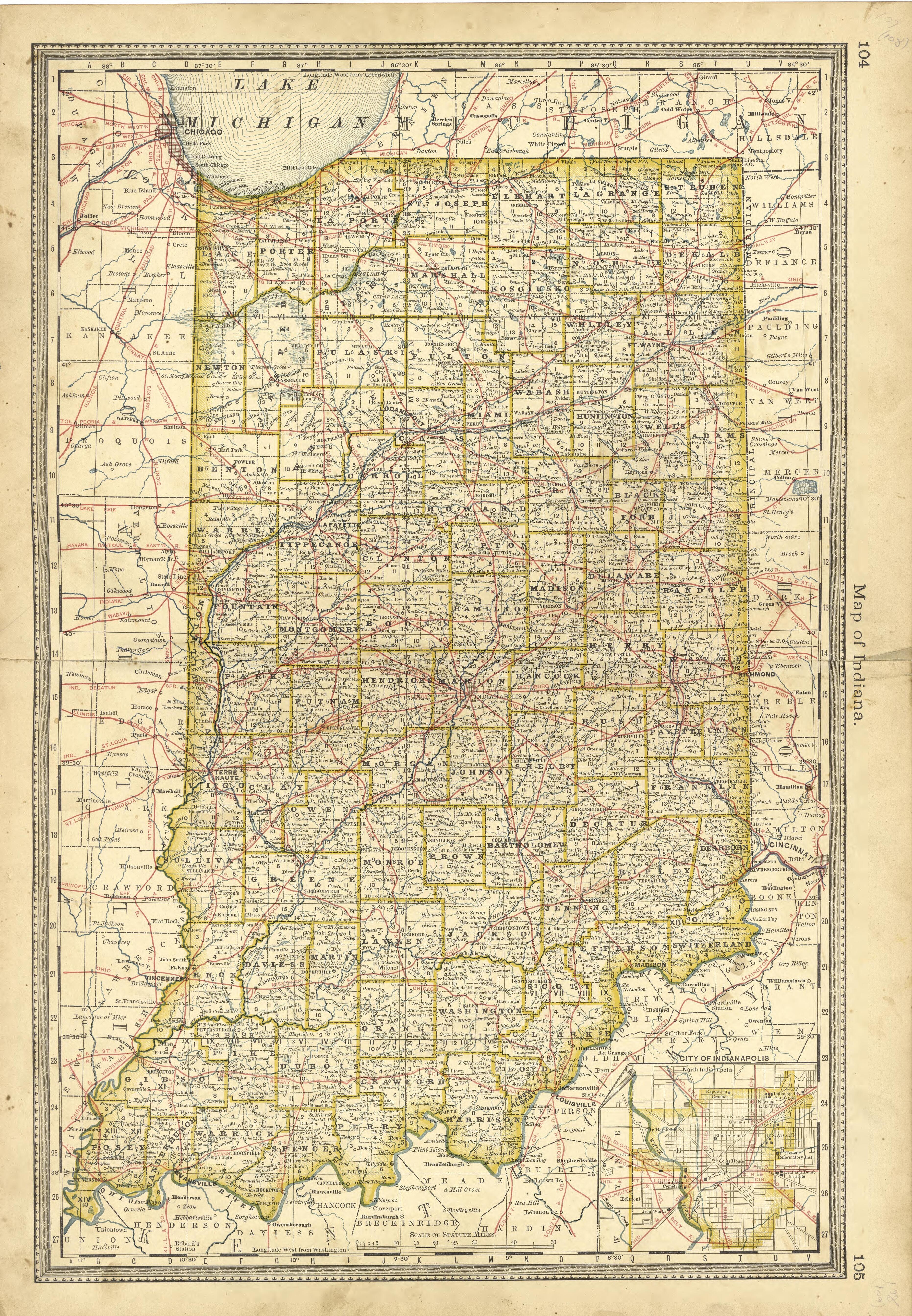 Map of Indiana from Historical Hand-atlas, Illustrated, Containing Large Scale Copper Plate Maps of Each State and Territory of the United States, and the Provinces of Canada, Together With a Complete Reference Map of the World, … 1881 by Relic Map Company