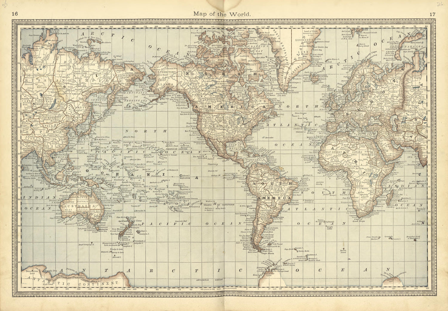 Map of the World from Historical Hand-atlas, Illustrated, Containing Large Scale Copper Plate Maps of Each State and Territory of the United States, and the Provinces of Canada, Together With a Complete Reference Map of the World, … 1881 by Relic Map Company