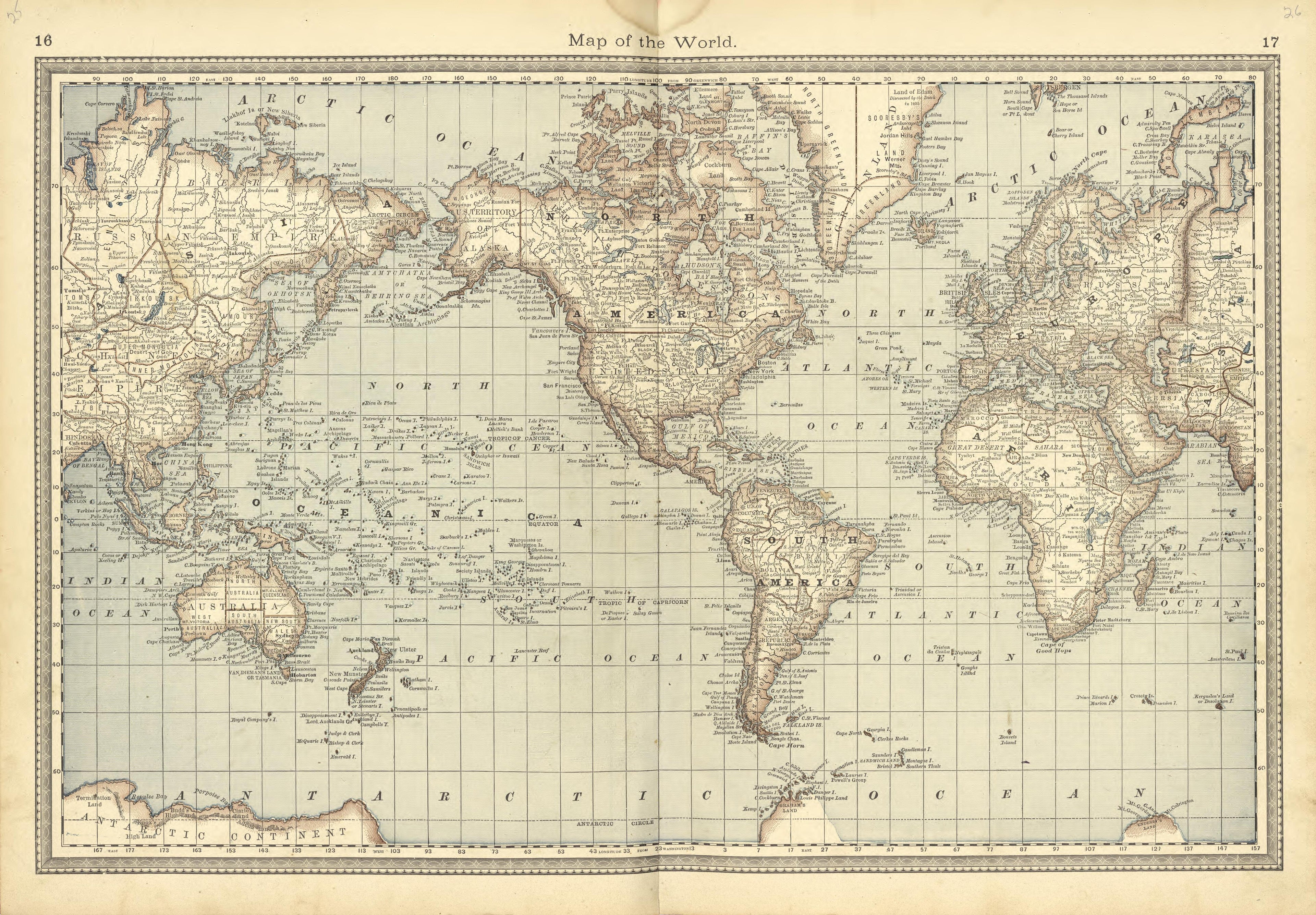 Map of the World from Historical Hand-atlas, Illustrated, Containing Large Scale Copper Plate Maps of Each State and Territory of the United States, and the Provinces of Canada, Together With a Complete Reference Map of the World, … 1881 by Relic Map Company