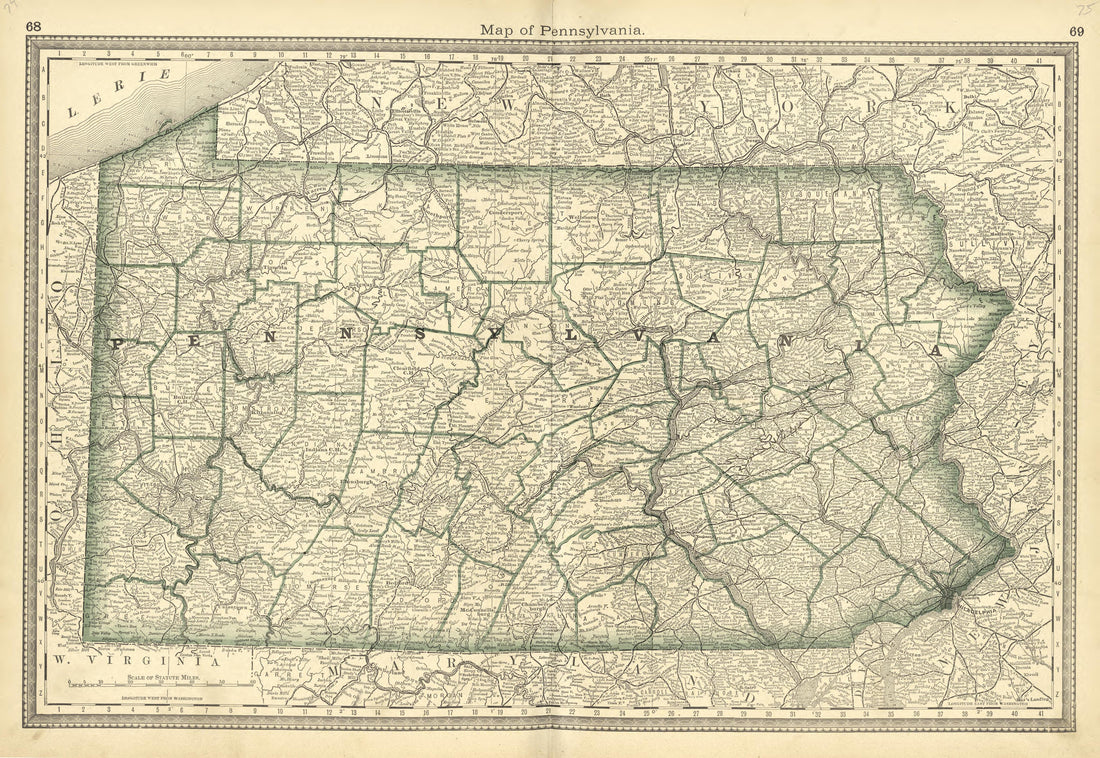 Map of Pennsylvania from Historical Hand-atlas, Illustrated, Containing Large Scale Copper Plate Maps of Each State and Territory of the United States, and the Provinces of Canada, Together With a Complete Reference Map of the World, … 1881 by Relic Map Company